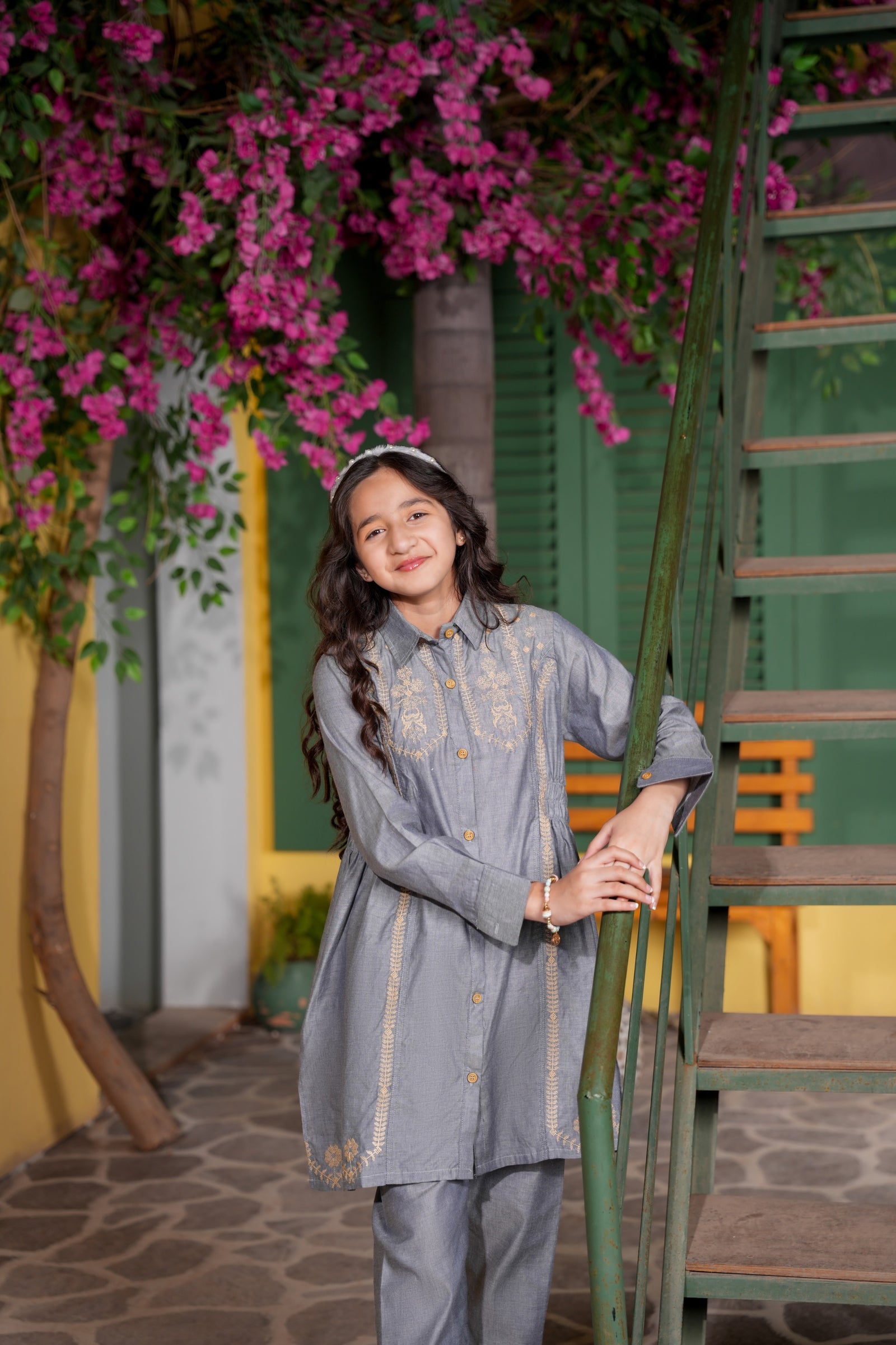 Grey Embroidered Girls Kurta Trouser Set