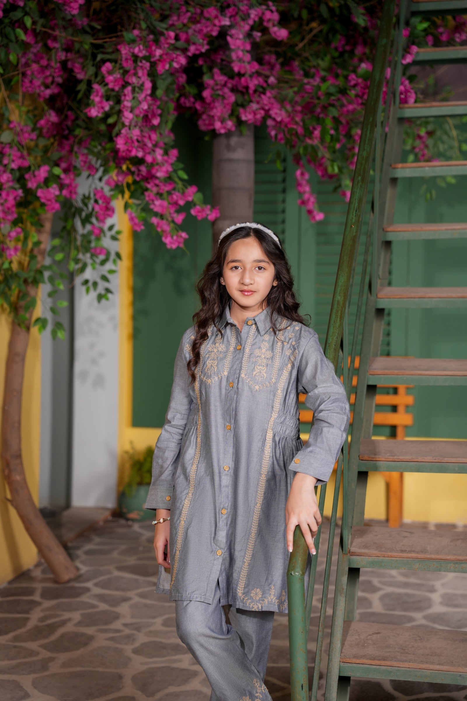 Grey Embroidered Girls Kurta Trouser Set
