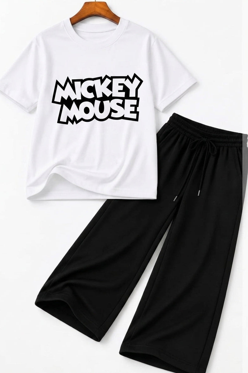 Kids "Mickey Mouse" White Drop-Shoulder T-Shirt & Black Baggy Trousers Set