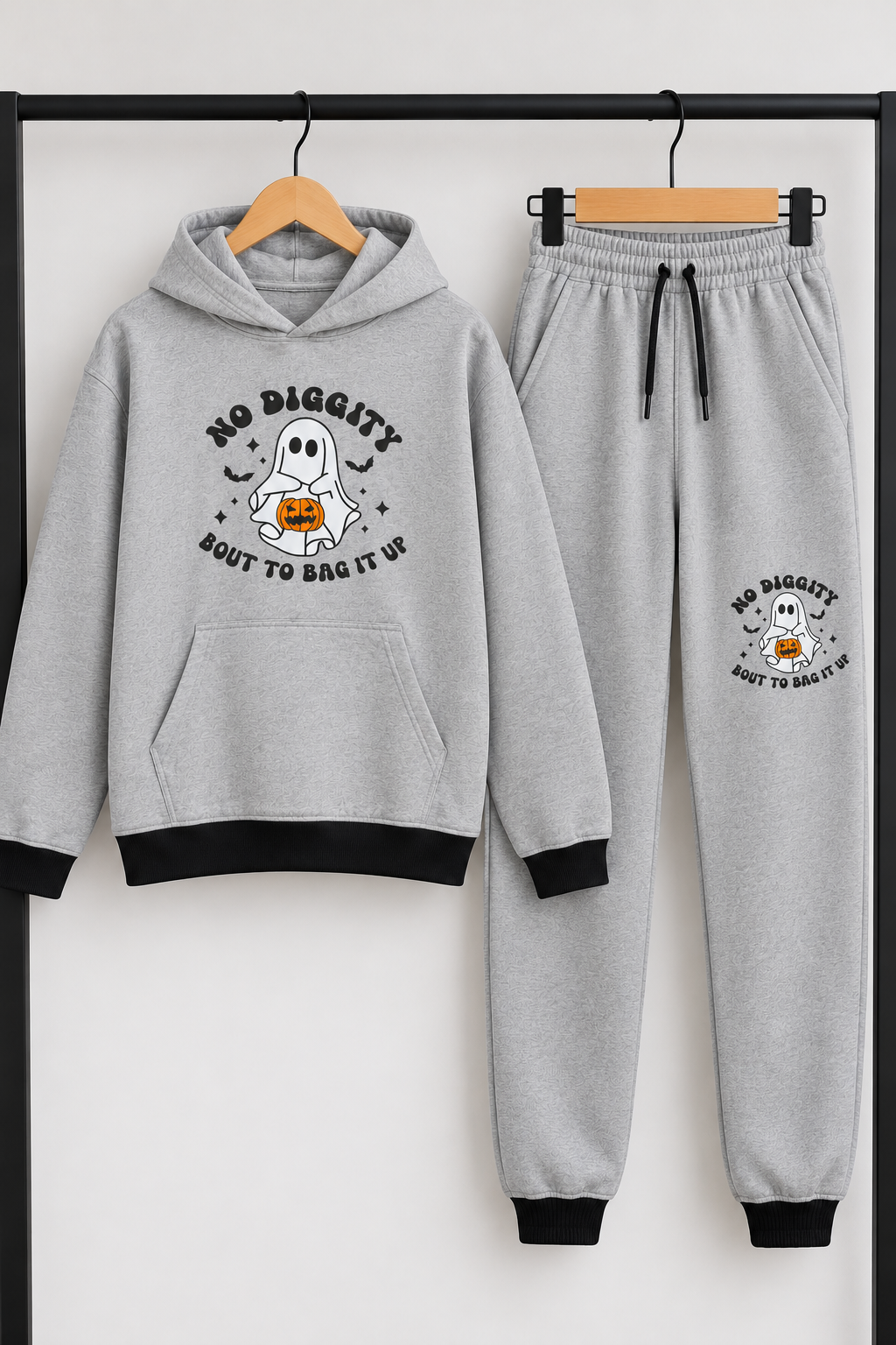 Kids’ Grey Halloween Ghost Hoodie & Jogger Tracksuit Set