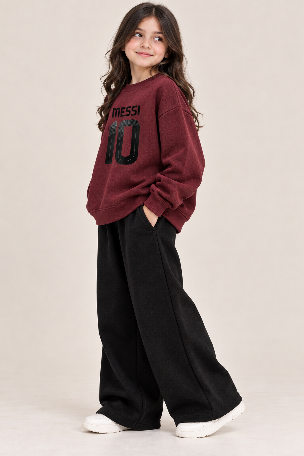 Girls Maroon Messi 10 Printed Sweatshirt & Black Wide-Leg Trouser Set