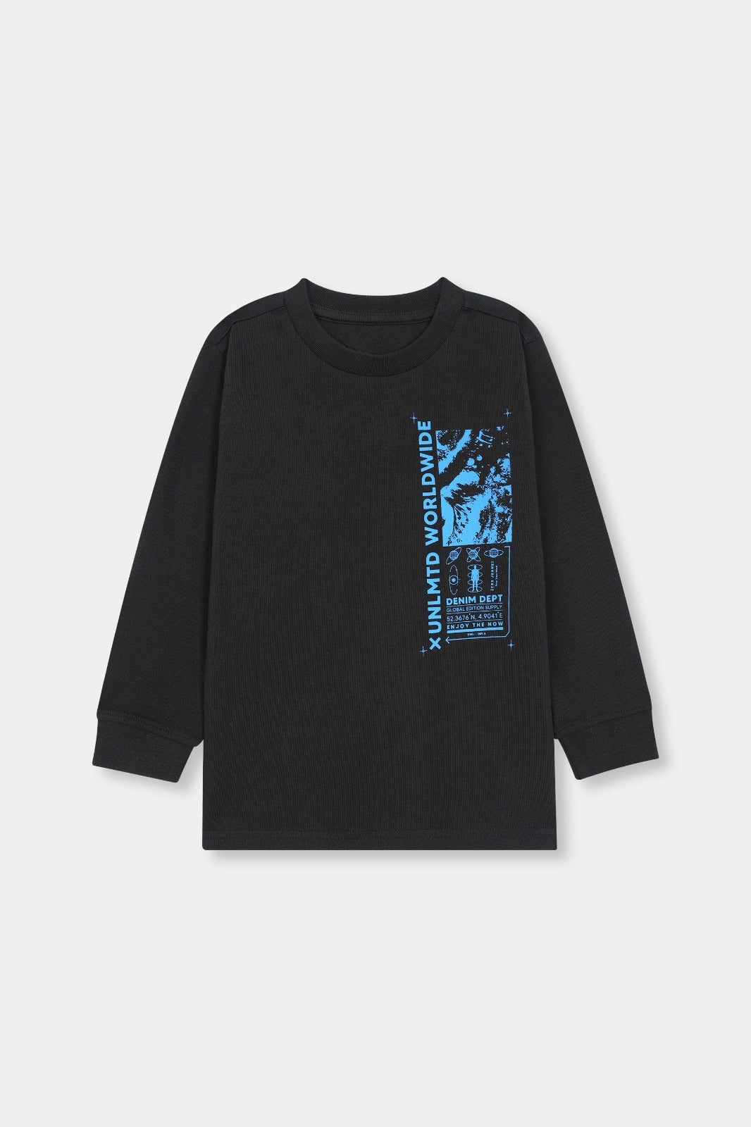 Electric Black Long Sleeve Tee with “UNLMTD Worldwide” Graphic Print