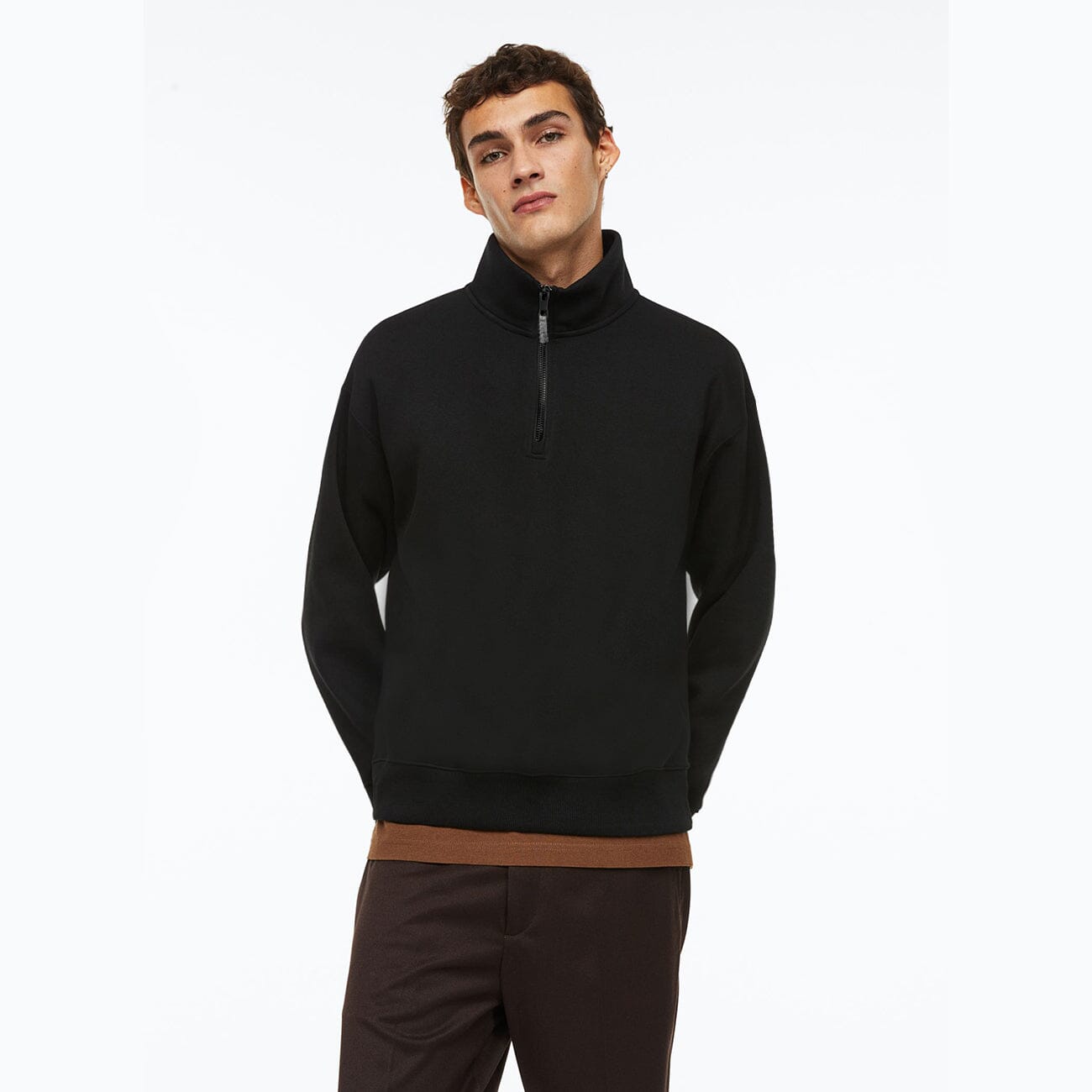 Premium Quality Black Mock Neck Half Zipper Fleece Sweatshirt For Men (120262)