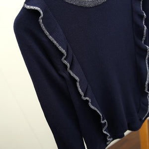 Exclusive Imported Navy Contrast Knit-Ruffle Fashion Sweater For Girls (21985)