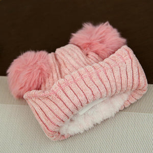 Premium Quality Knitted Fur Lined Wool Pompom Velvet Soft Stretch Cap For Kids