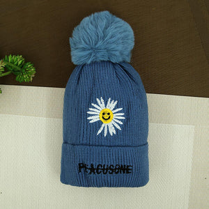 Premium Quality "Smiley Sun Face" Embroidered Knitted Fur Lining Wool Caps