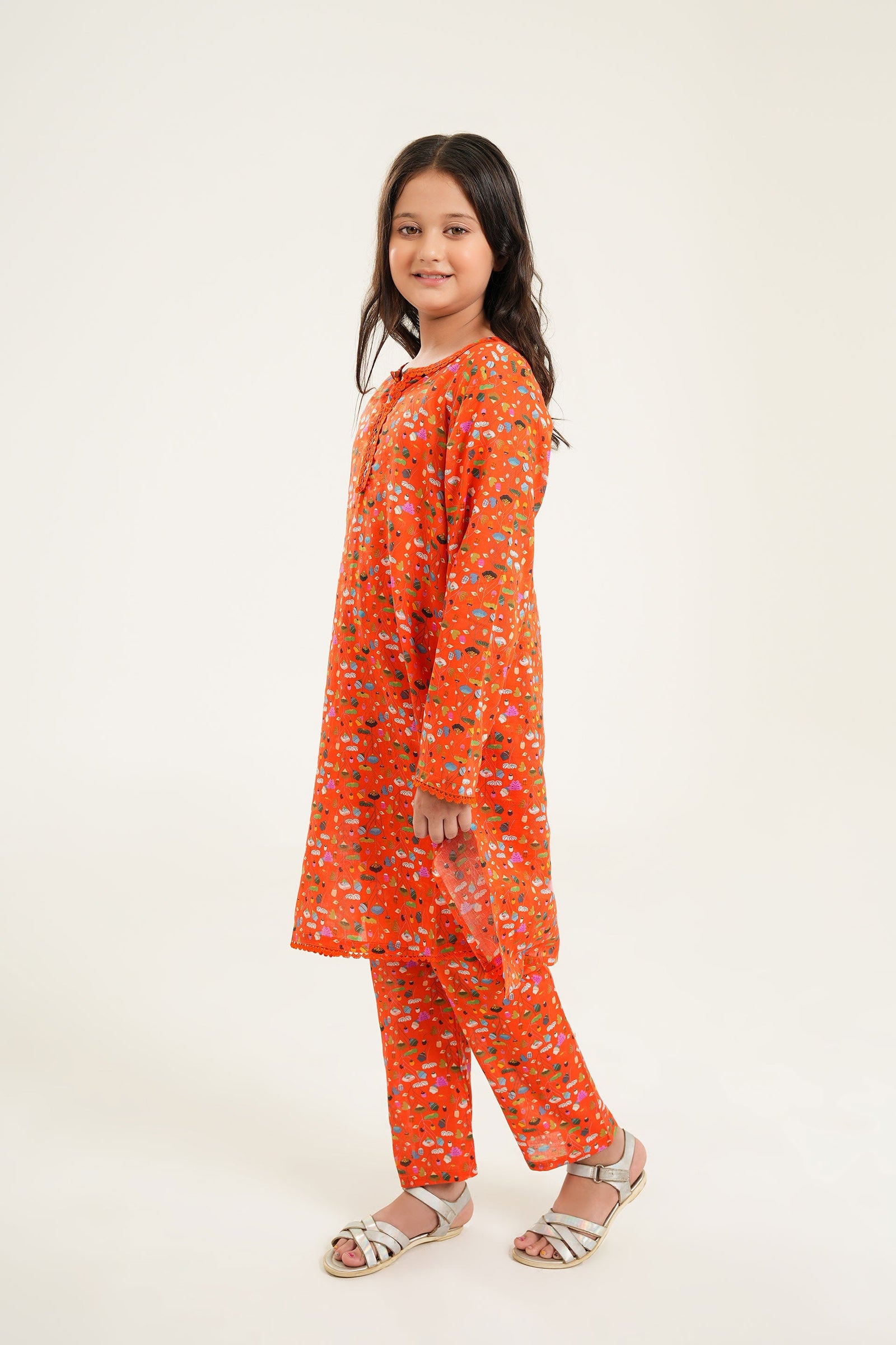 Blossom Joy - Girls Printed Kurti Set in Bright Orange