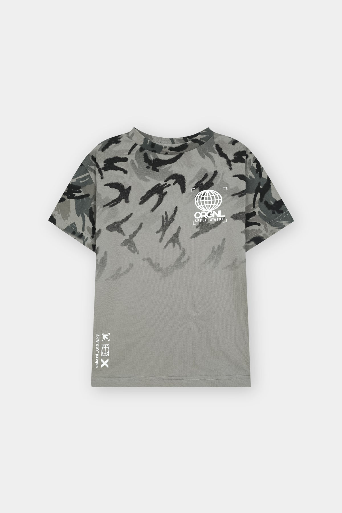 Kids Grey Camouflage Print Cotton T-Shirt with Graphic Logo