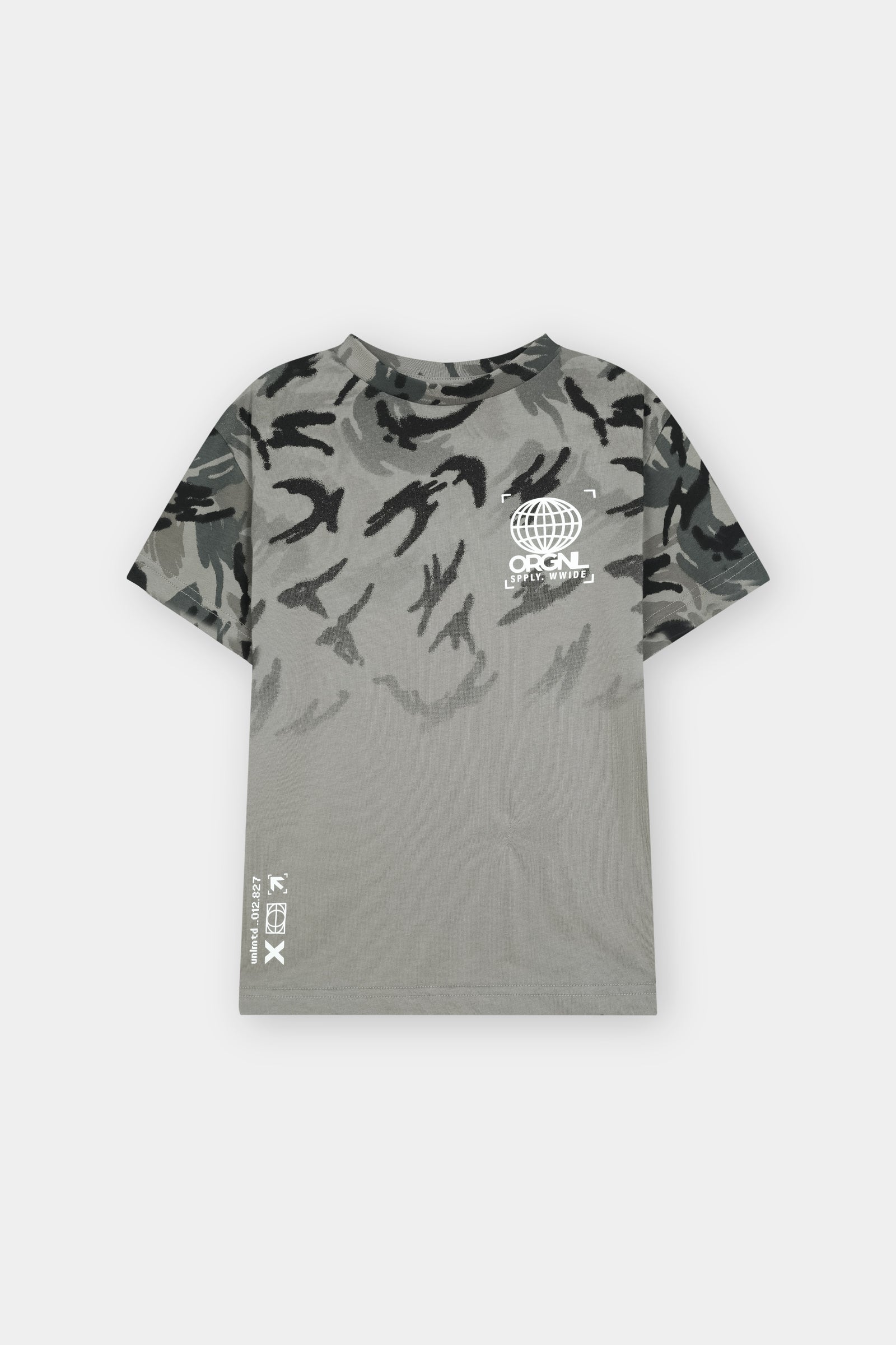 Kids Grey Camouflage Print Cotton T-Shirt with Graphic Logo
