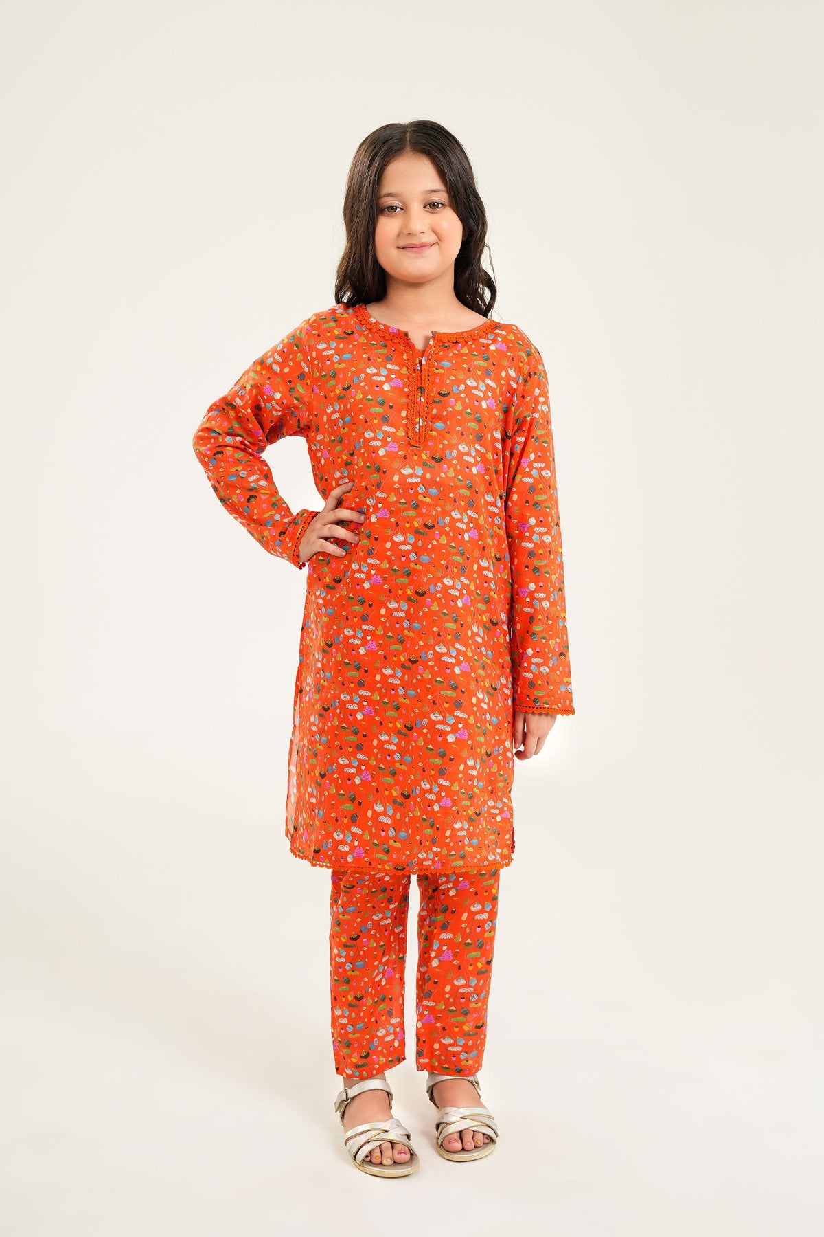 Blossom Joy - Girls Printed Kurti Set in Bright Orange