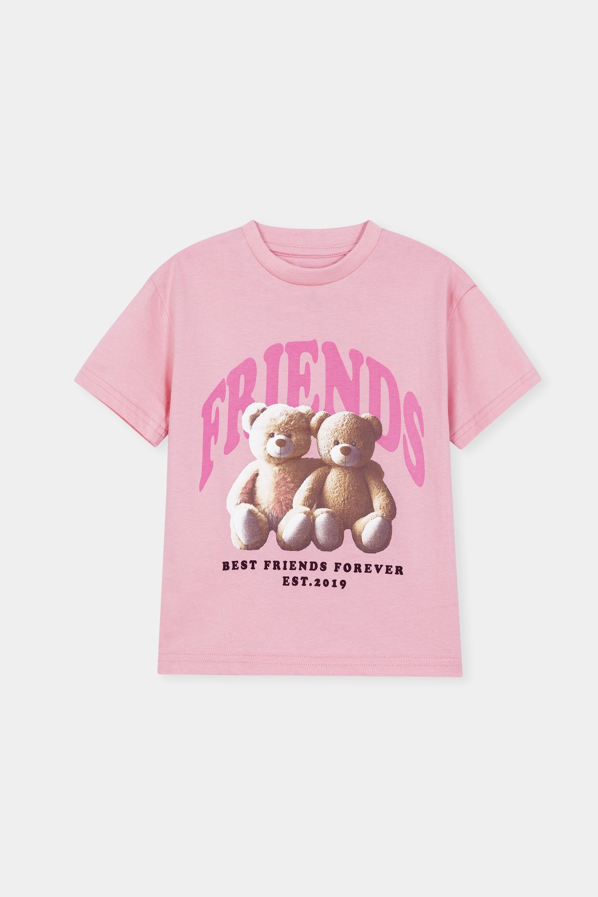 Kids Pink Cotton T-Shirt with Teddy Bear Friends Graphic Print