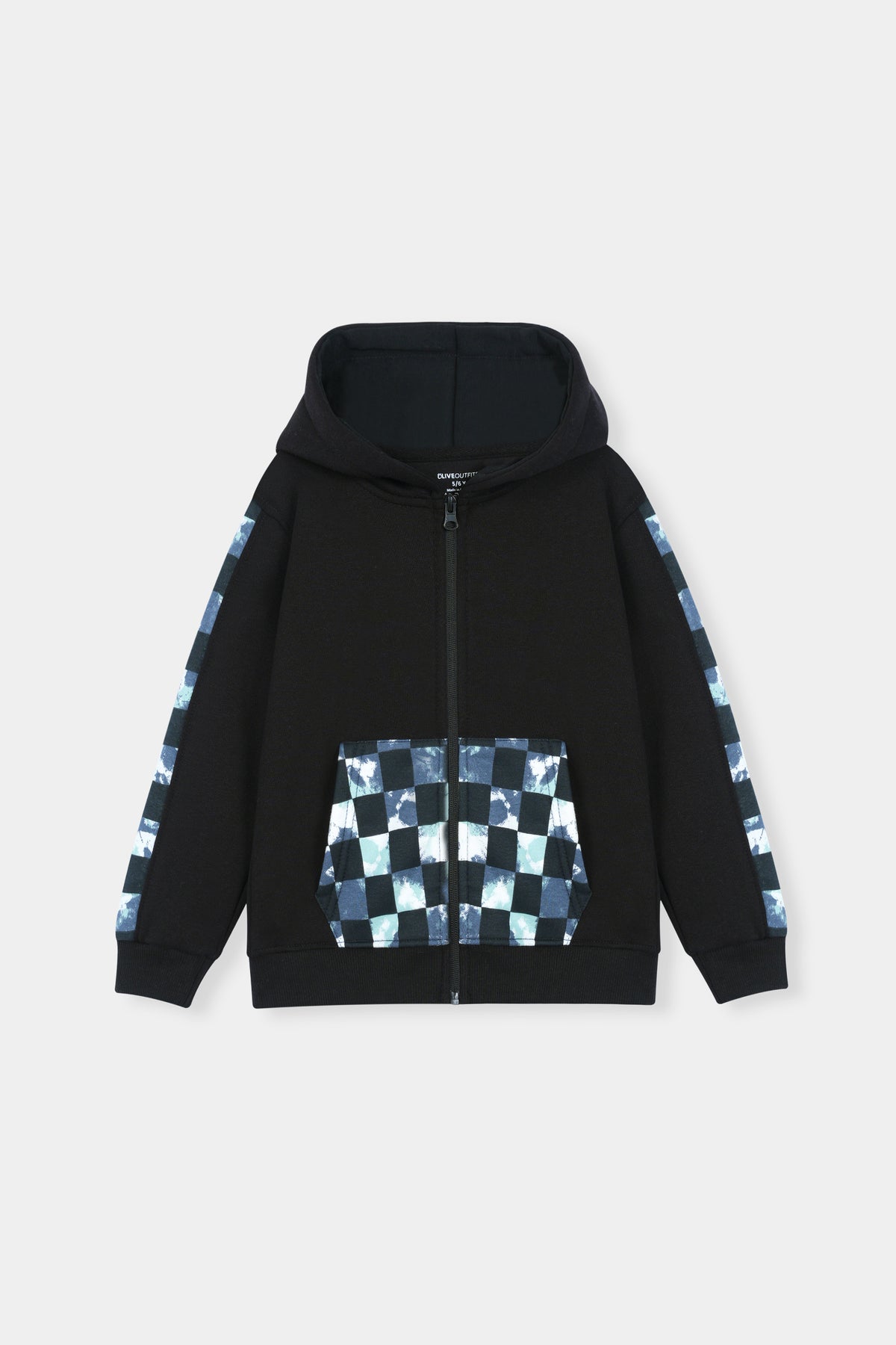 Stylish Black Hoodie and Jogger Set with Blue Checkered Accents For Boys