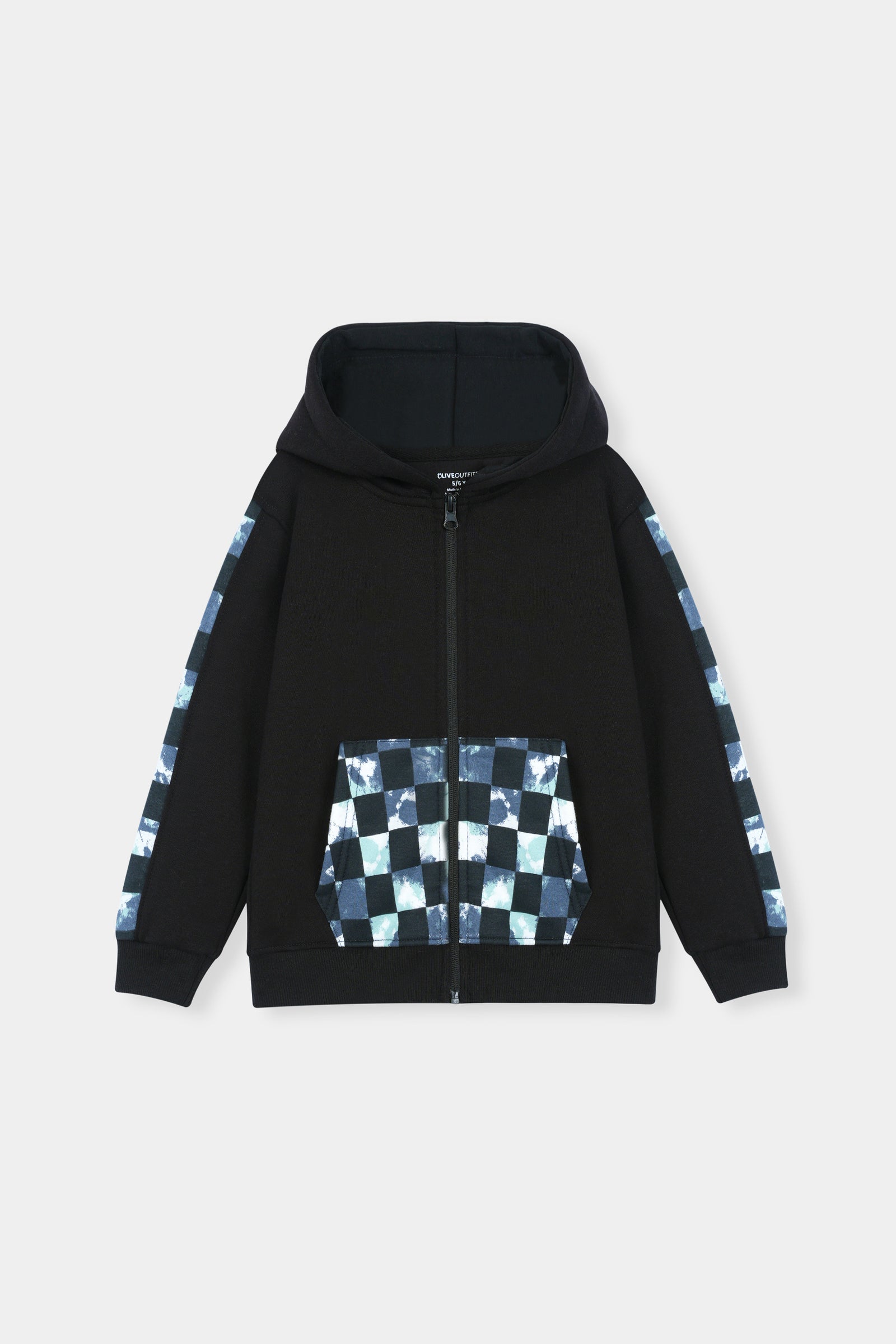 Stylish Black Hoodie and Jogger Set with Blue Checkered Accents For Boys