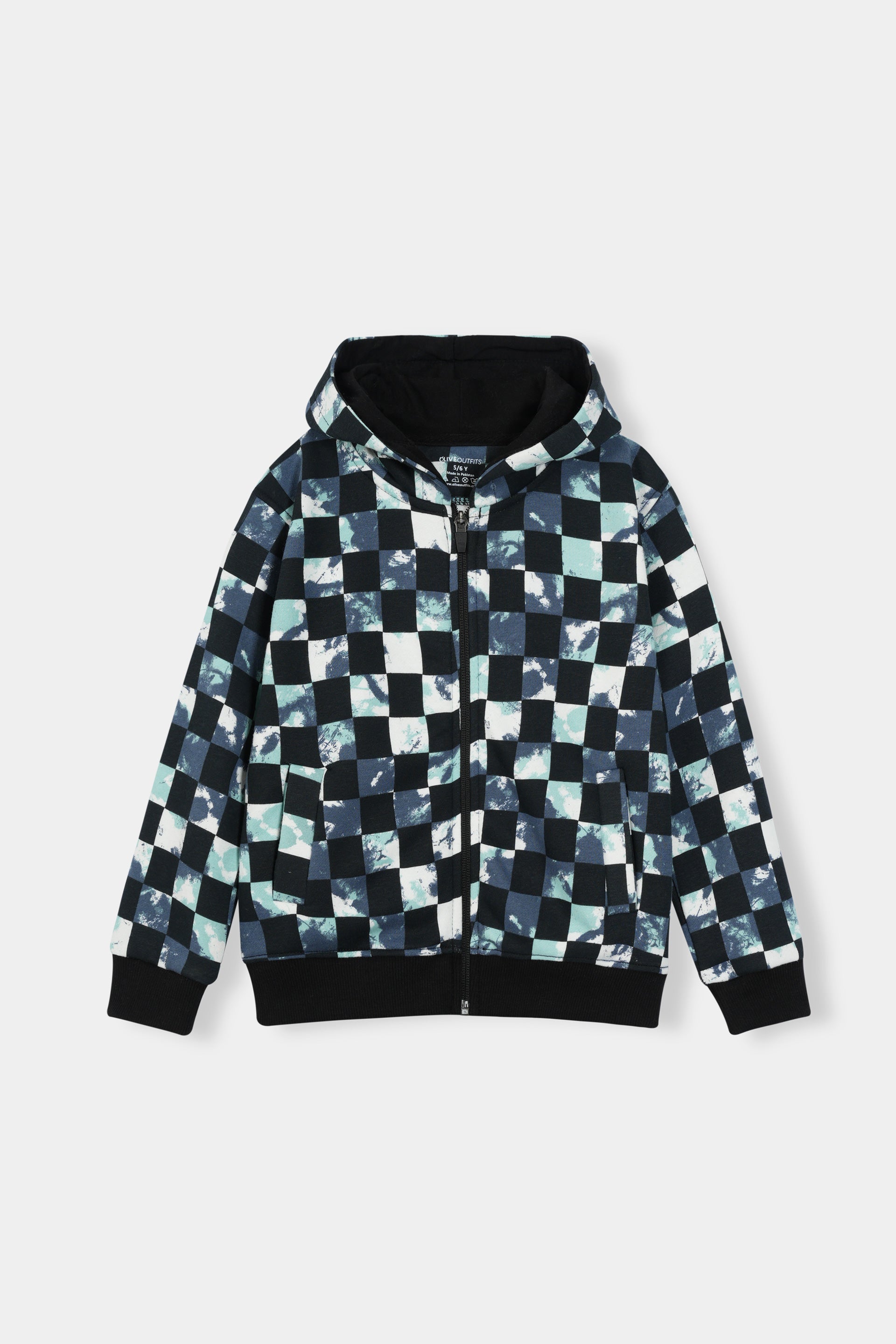 Boys Tie-Dye Checkerboard Zip Hoodie & Jogger Set – Black & Mint
