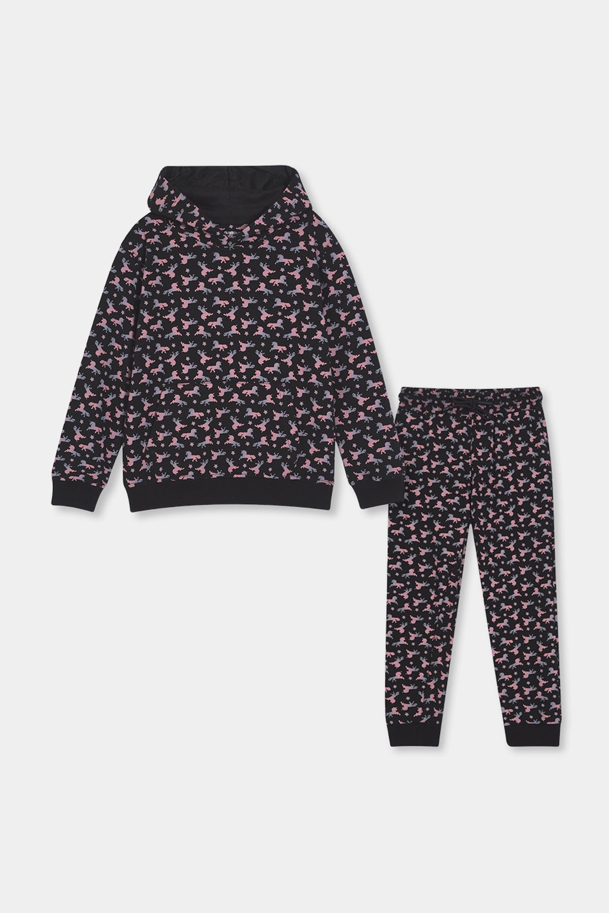 Boys Unicorn Print Hoodie &amp; Joggers Set – Black &amp; Pink
