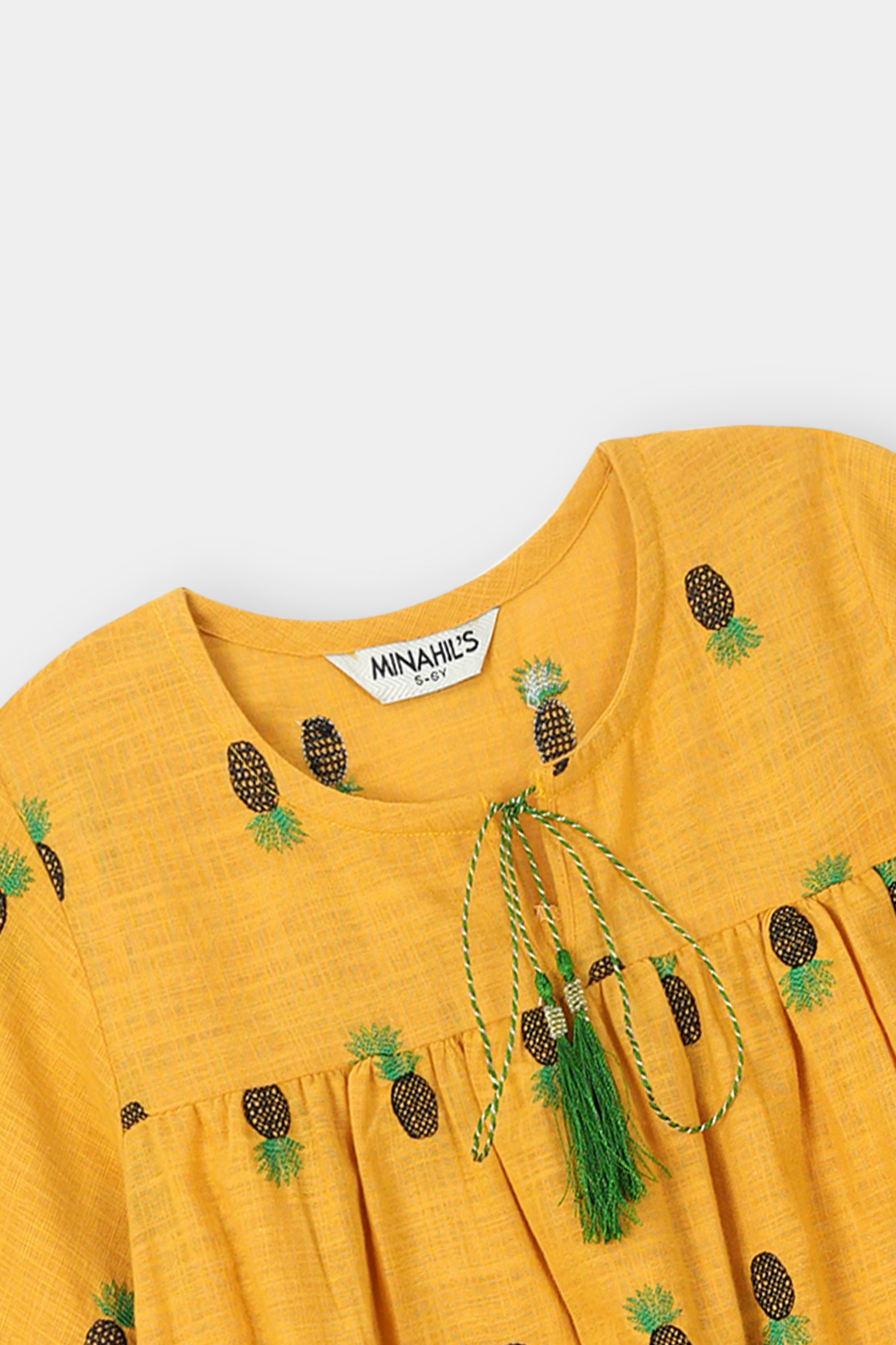 Sunny Pineapple Embroidered Yellow Tunic for Girls