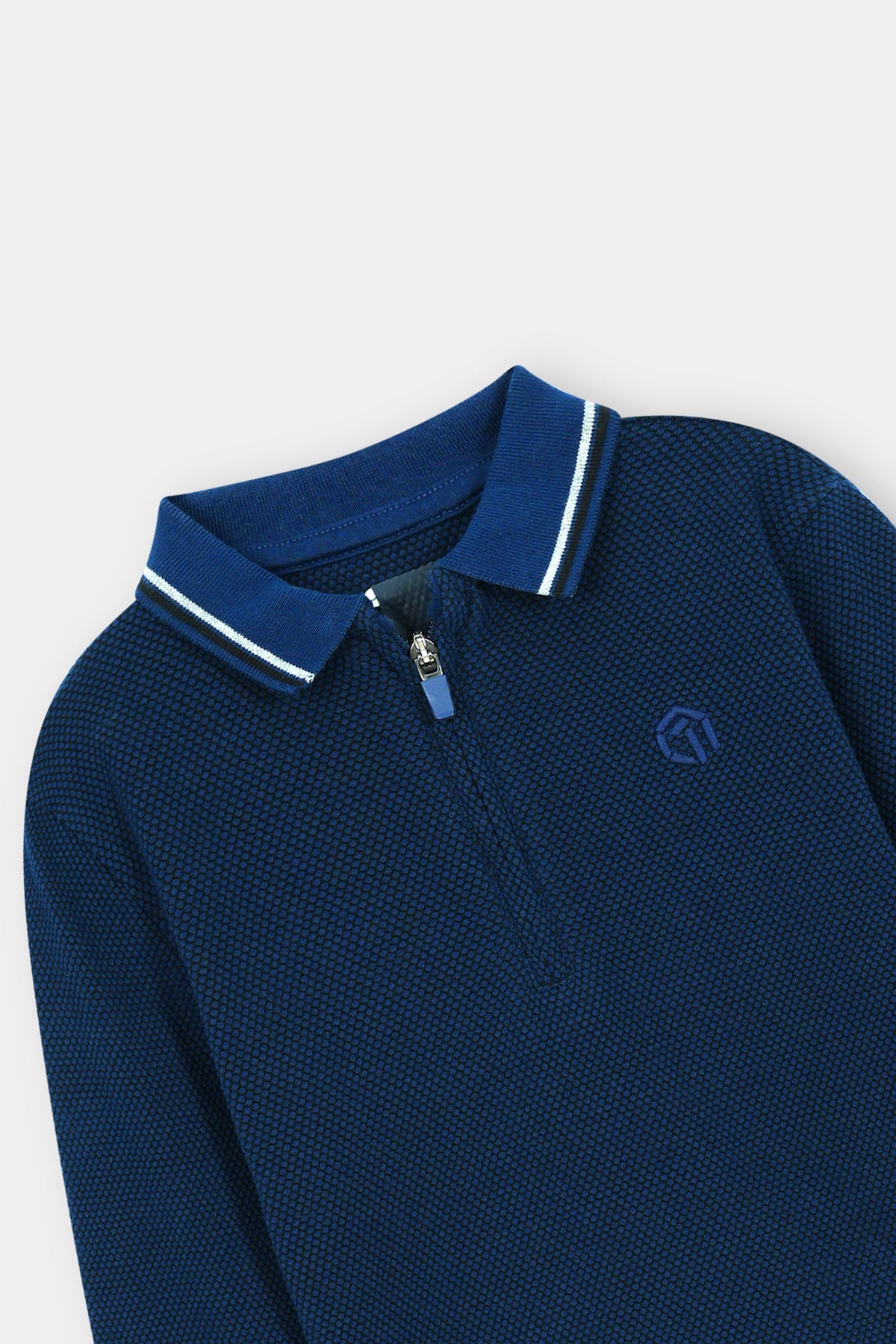 Classic Navy Blue Long-Sleeve Polo Shirt with Zip Neck