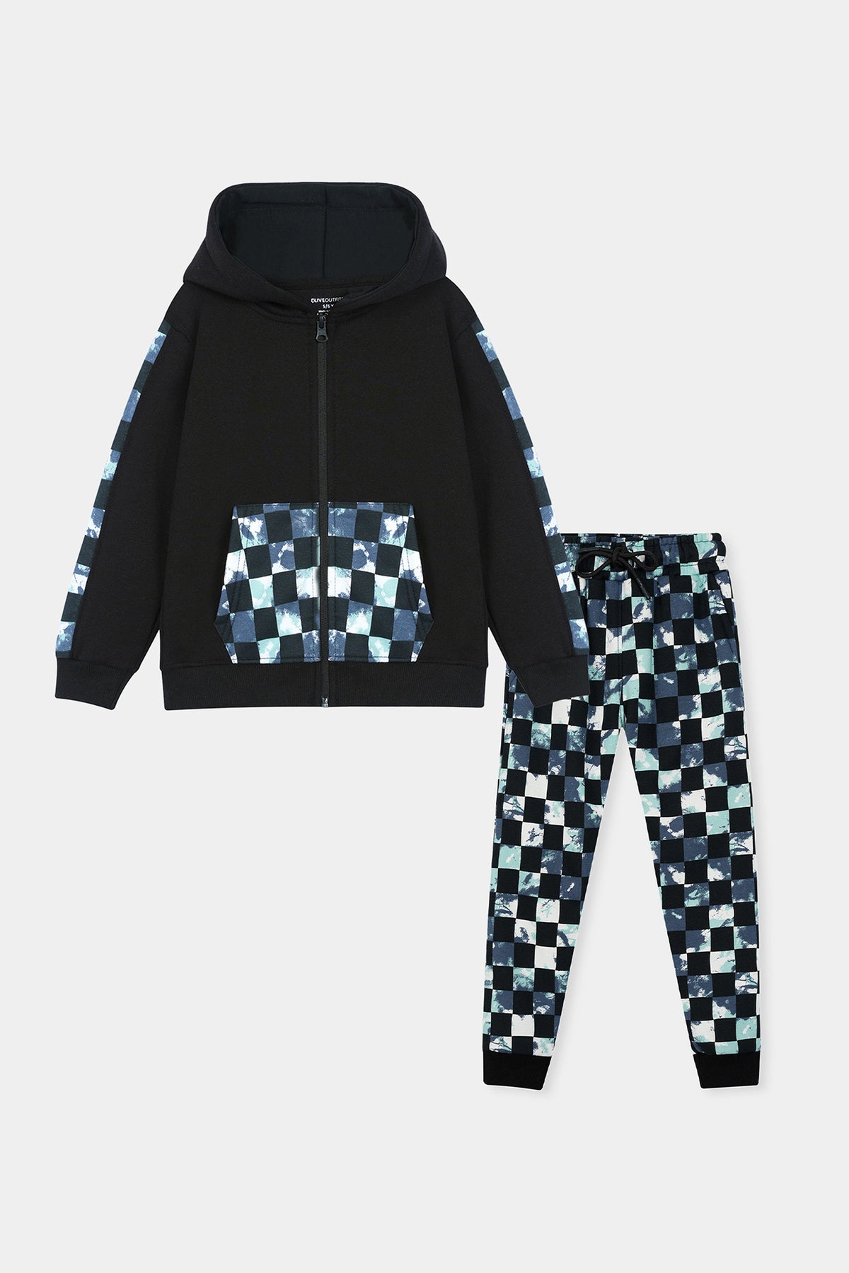 Stylish Black Hoodie and Jogger Set with Blue Checkered Accents For Boys