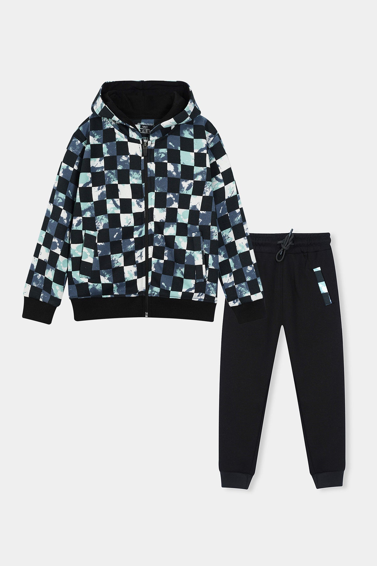 Boys Tie-Dye Checkerboard Zip Hoodie &amp; Jogger Set – Black &amp; Mint