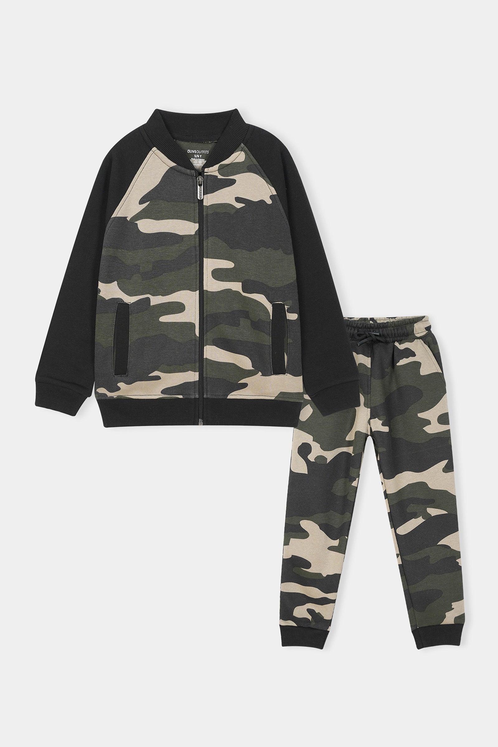 Boys Camo Zip-Up Tracksuit – Army Green & Black