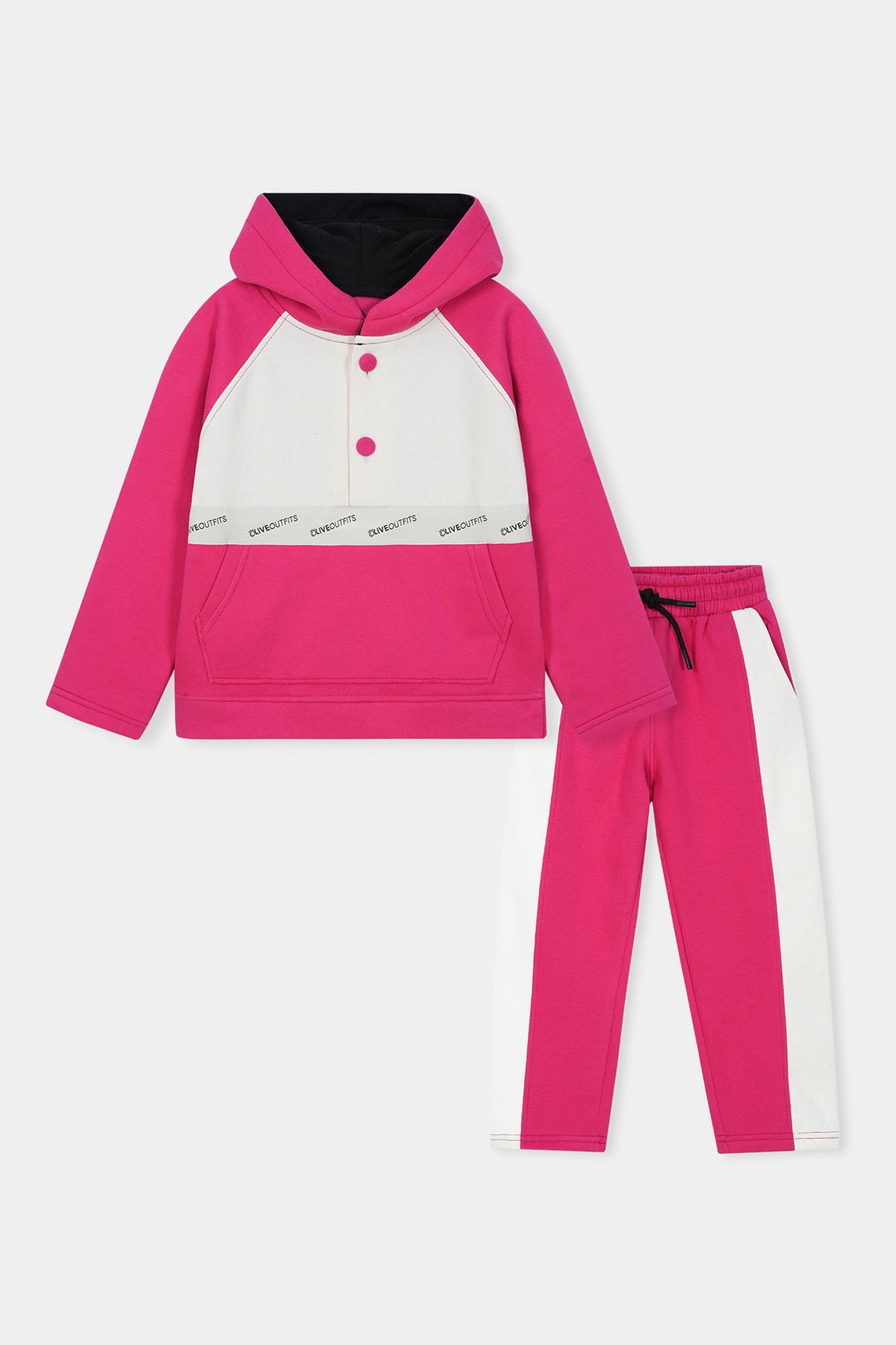 Bold Pink &amp; White Colorblock Hoodie Set – Playful Street Style