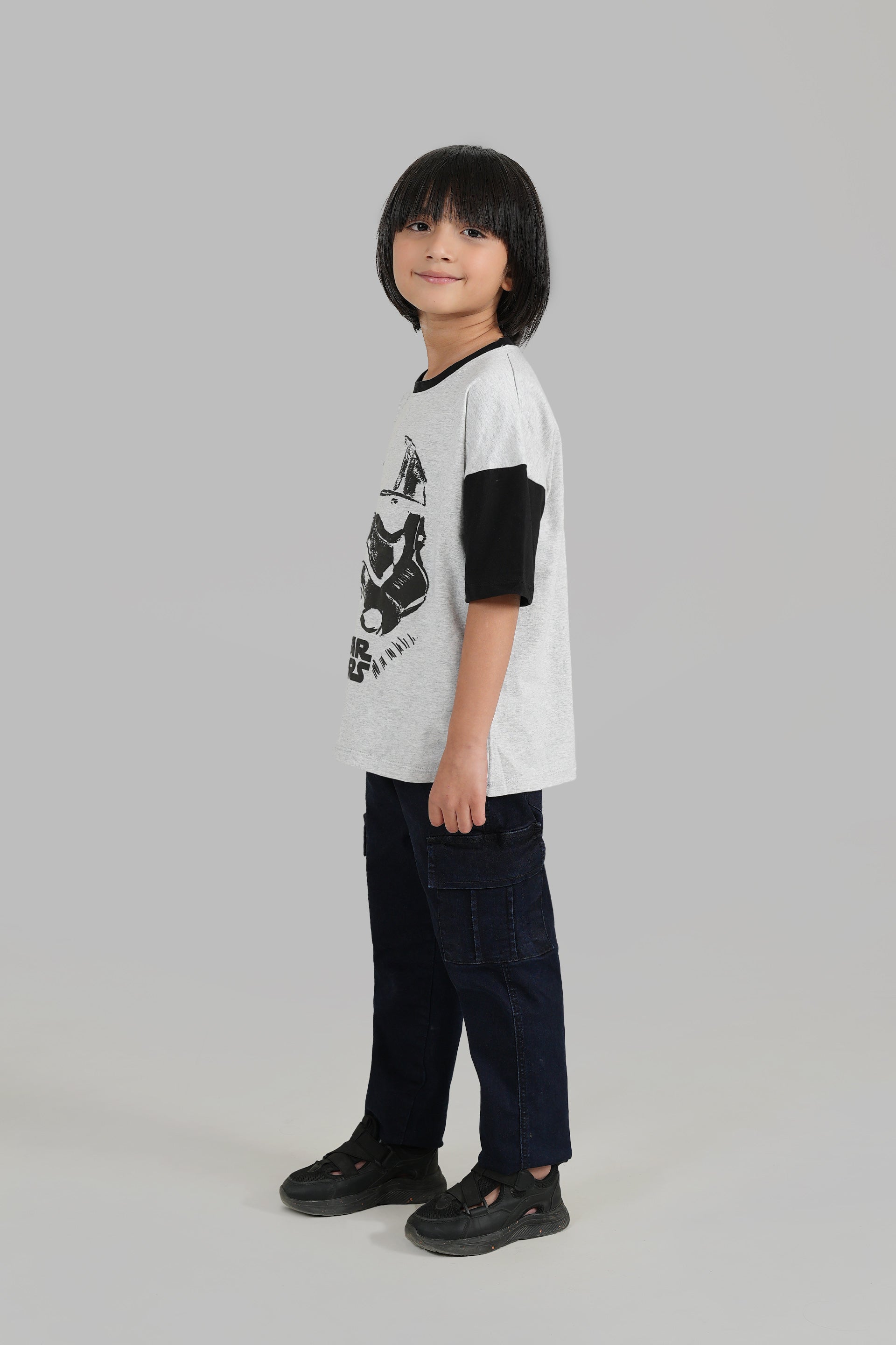 Boys Contrast Sleeves Printed Cotton Oversize T-Shirt