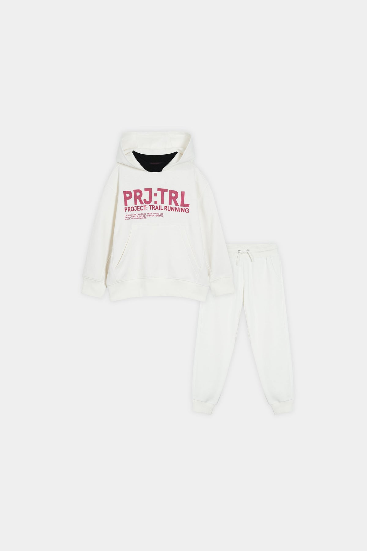 White Hoodie & Joggers Set – "PRJ:TRL Project: Trail Running" Graphic Tracksuit