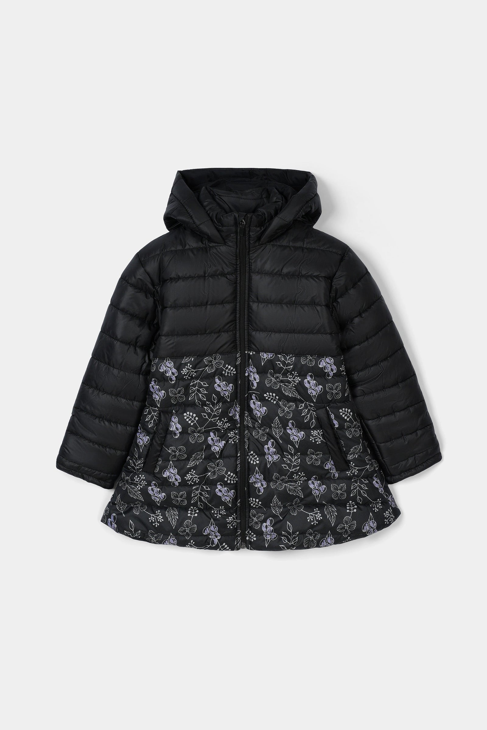 Girls Black Printed Hoodie Jacket