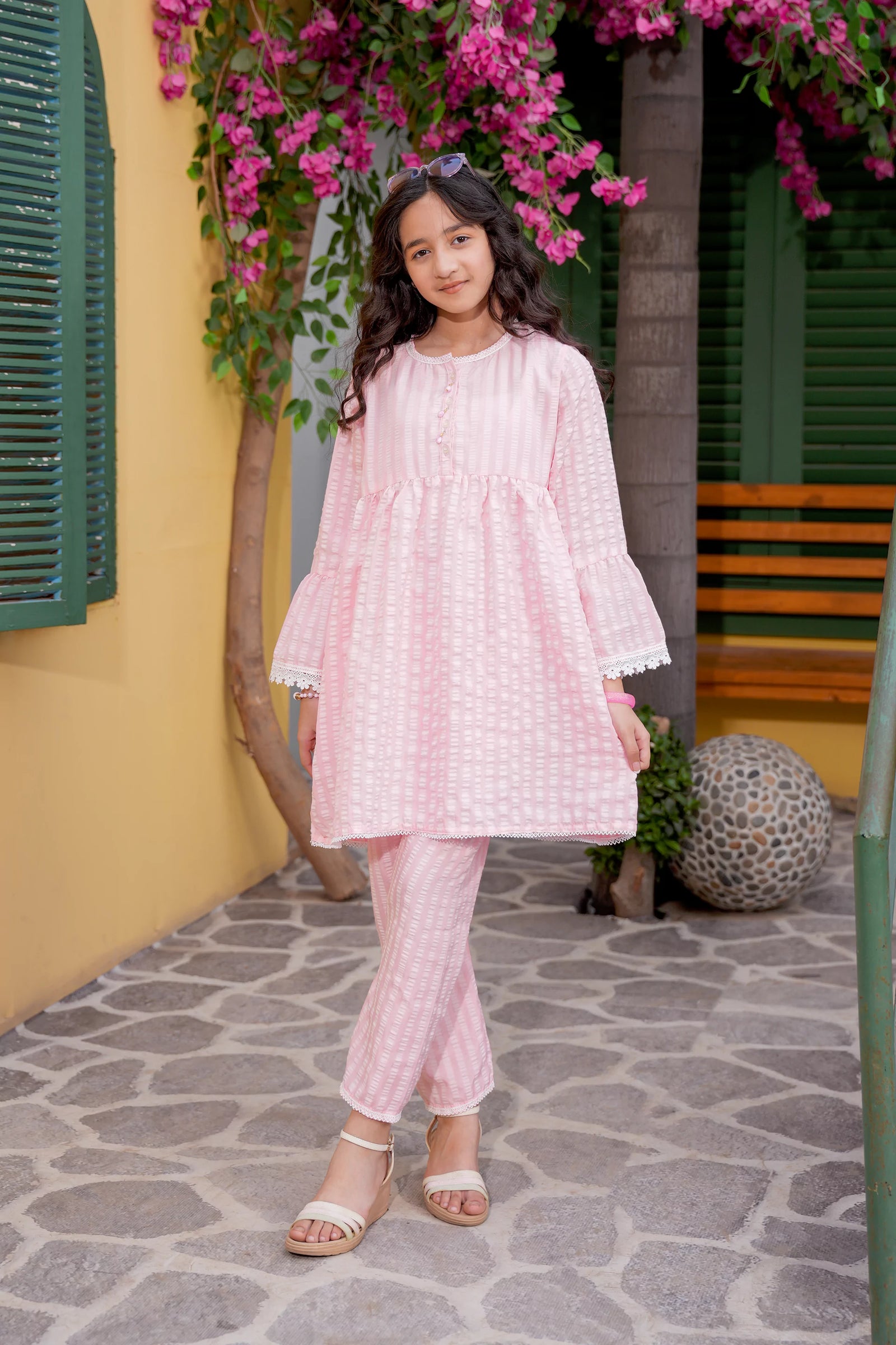 Pastel Pink Textured Girls Kurta Trouser Set