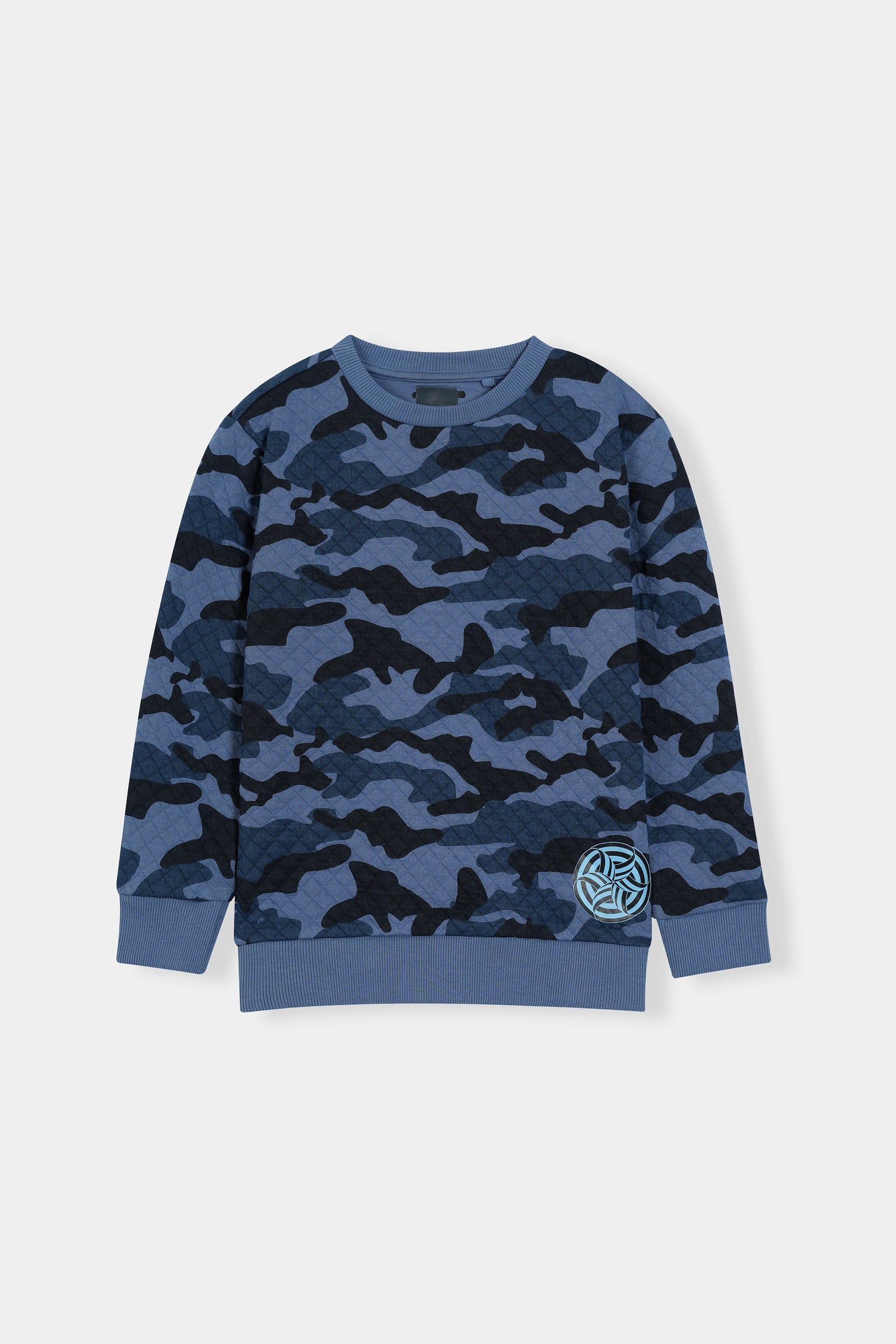 Blue Camo Quilted Crewneck Sweatshirt For Boys