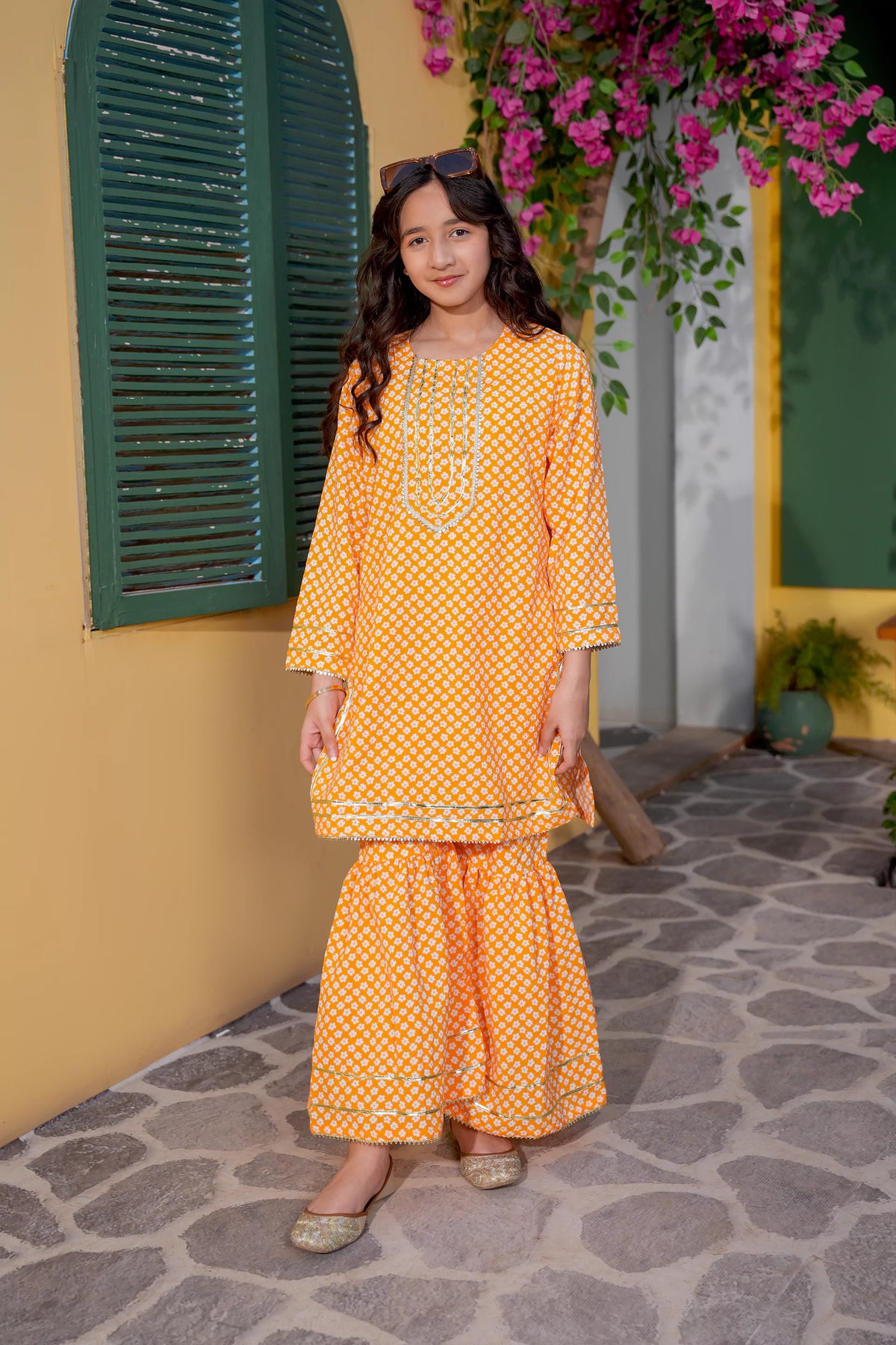 Mustard Printed Girls Kurta Sharara Set
