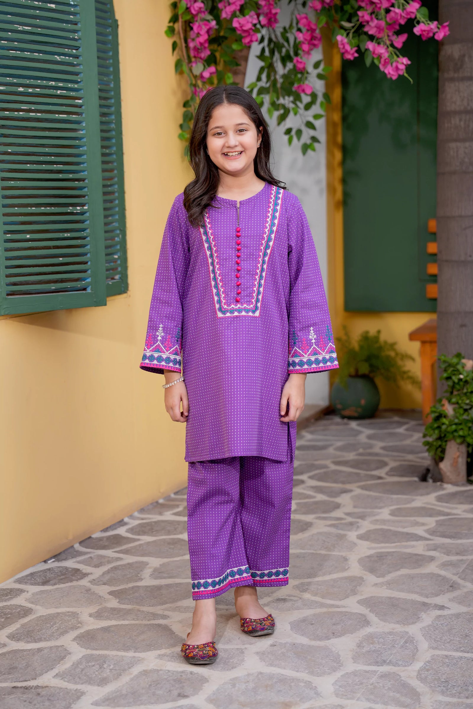 Purple Printed Girls Kurta Trouser Set