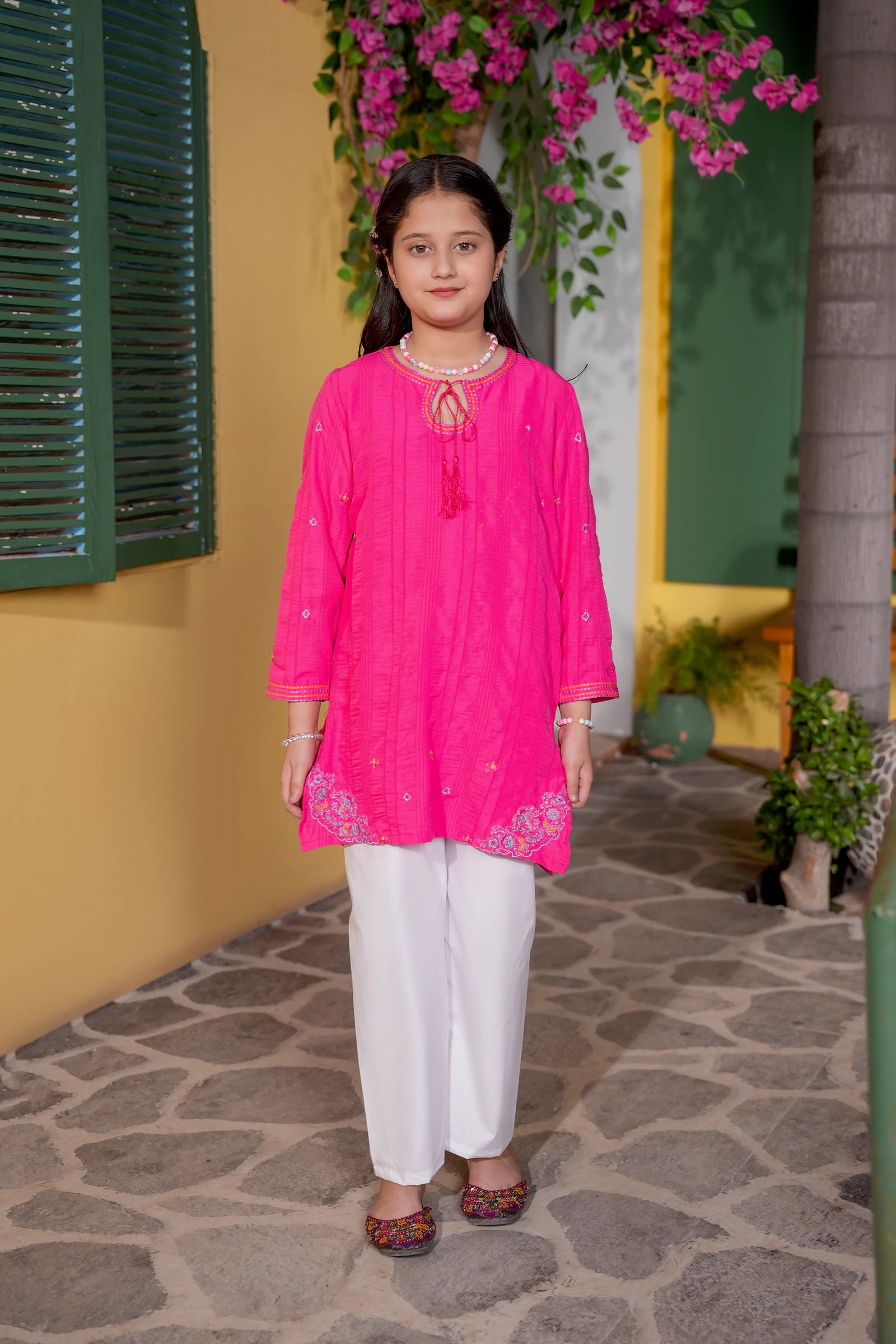 Hot Pink Embroidered Girls Kurta with White Trouser