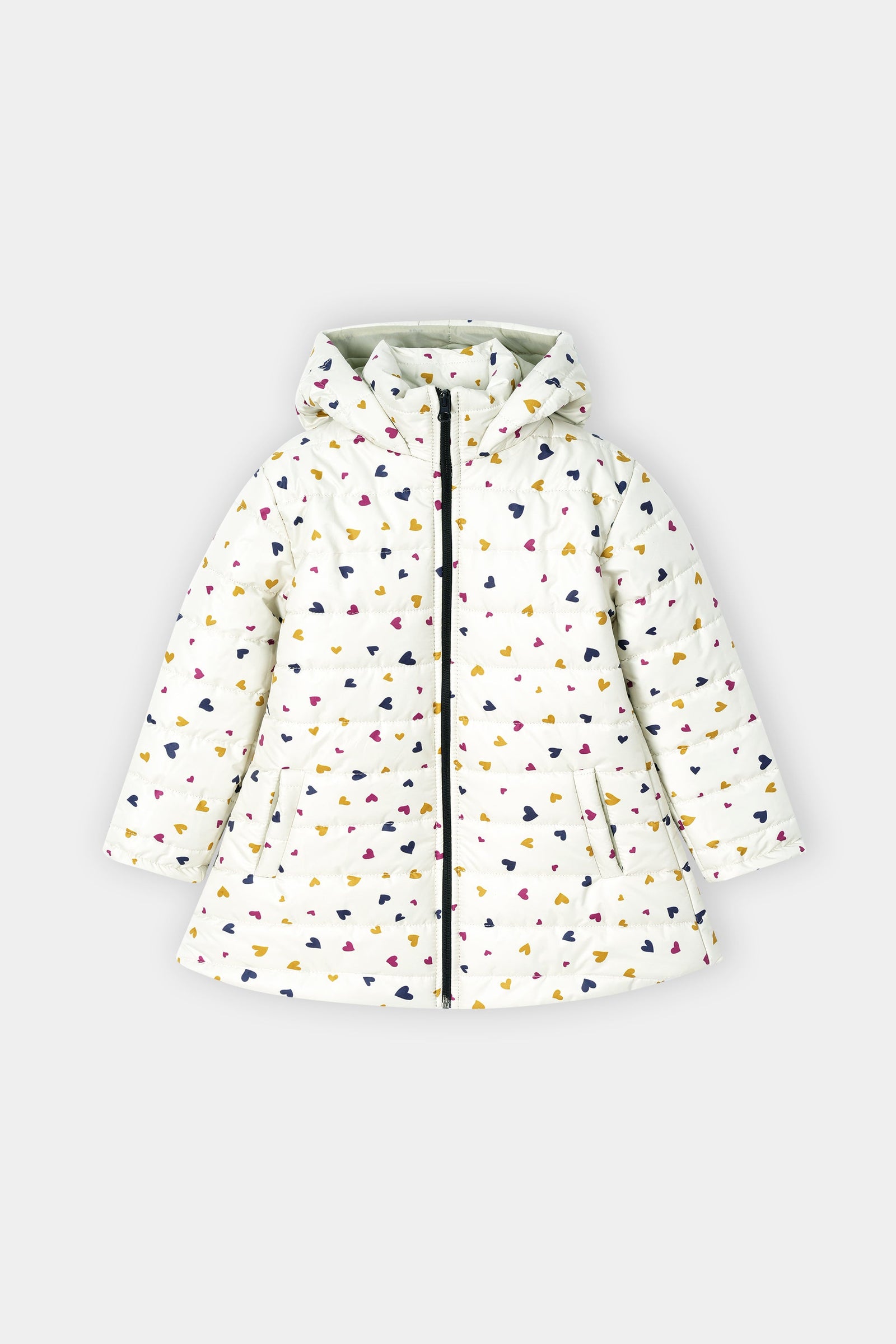 Girls’ Winter Puffer Jacket – White Quilted jacket with Multicolor Heart Print