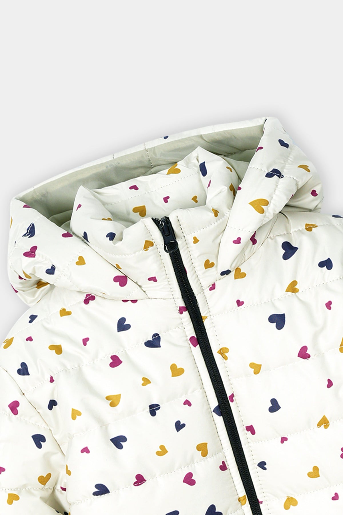 Girls’ Winter Puffer Jacket – White Quilted jacket with Multicolor Heart Print