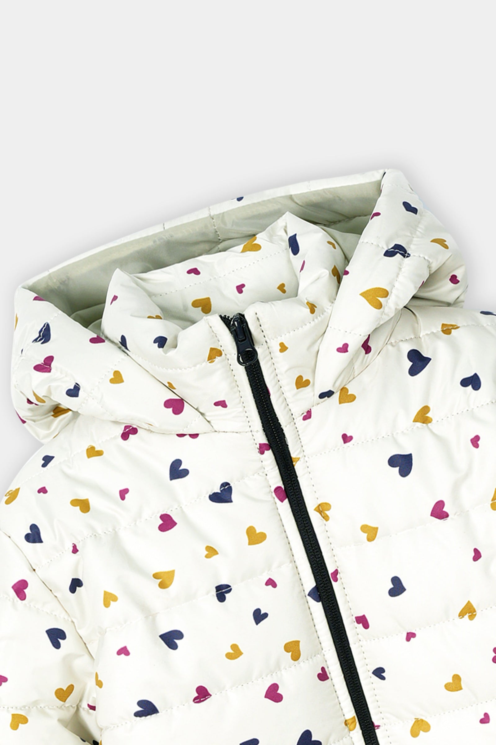 Girls’ Winter Puffer Jacket – White Quilted jacket with Multicolor Heart Print