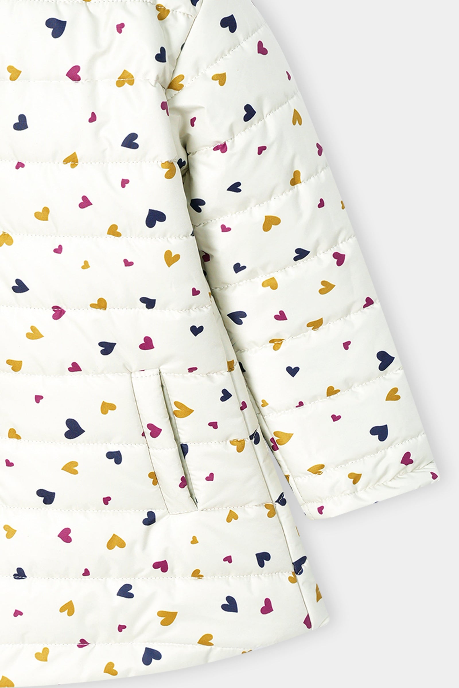 Girls’ Winter Puffer Jacket – White Quilted jacket with Multicolor Heart Print