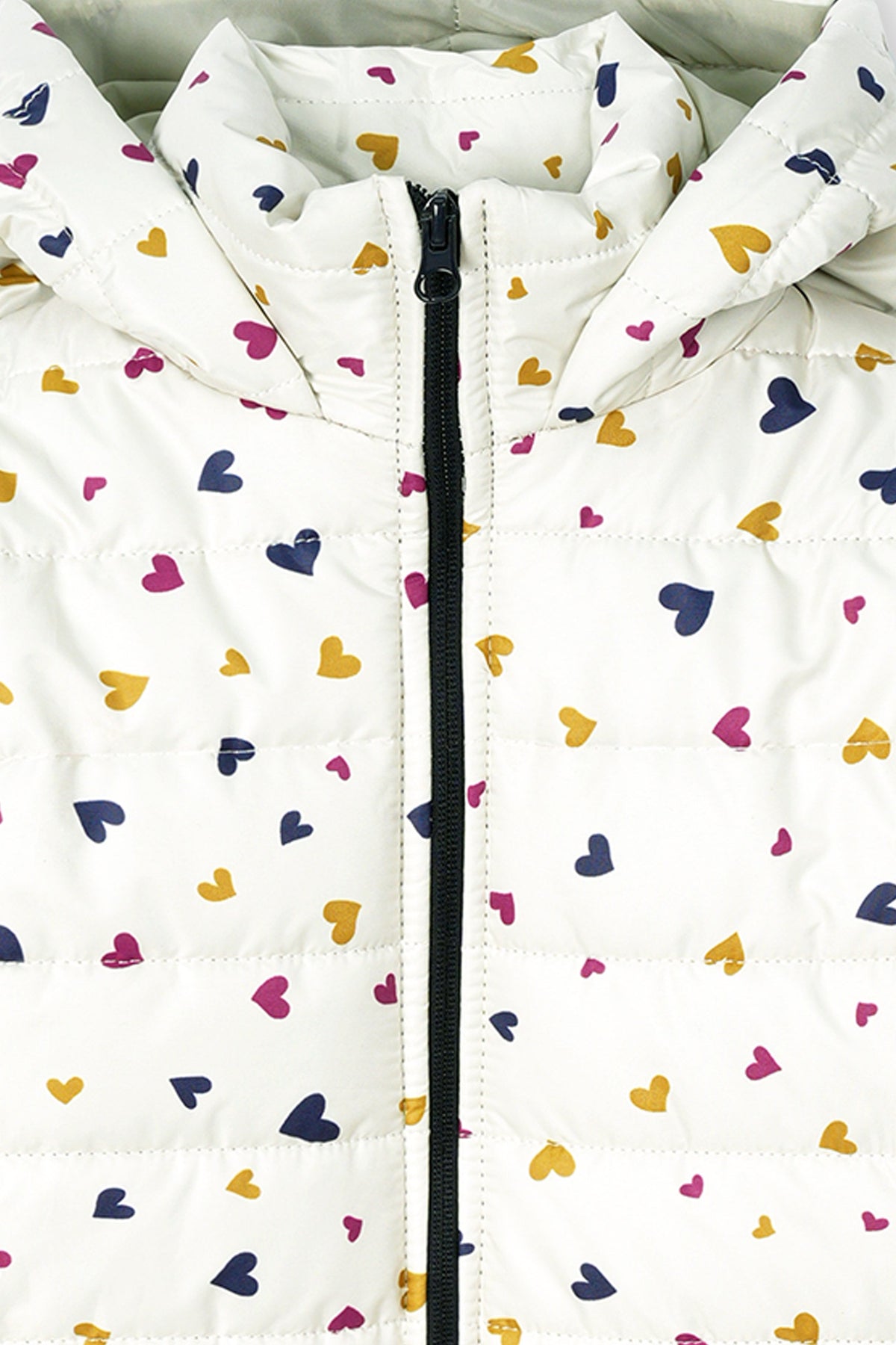 Girls’ Winter Puffer Jacket – White Quilted jacket with Multicolor Heart Print