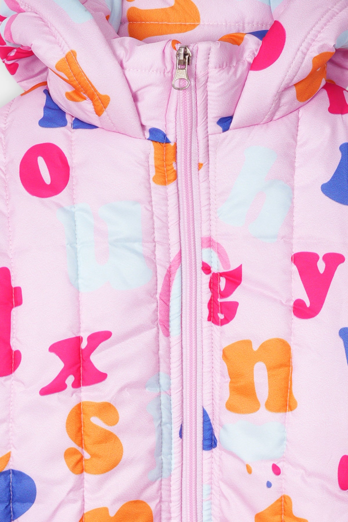 Girls Alphabet Print Hooded Puffer Jacket – Pink Multicolor