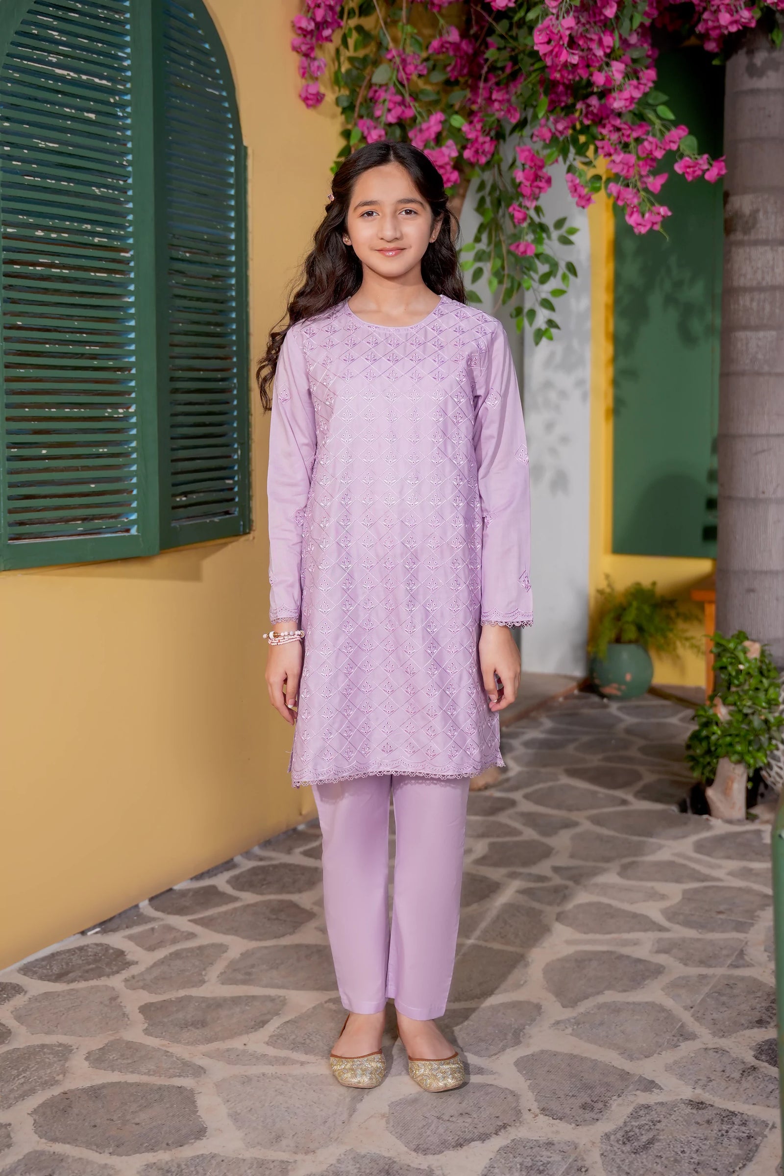 Lavender Embroidered Girls Kurta Trouser Set