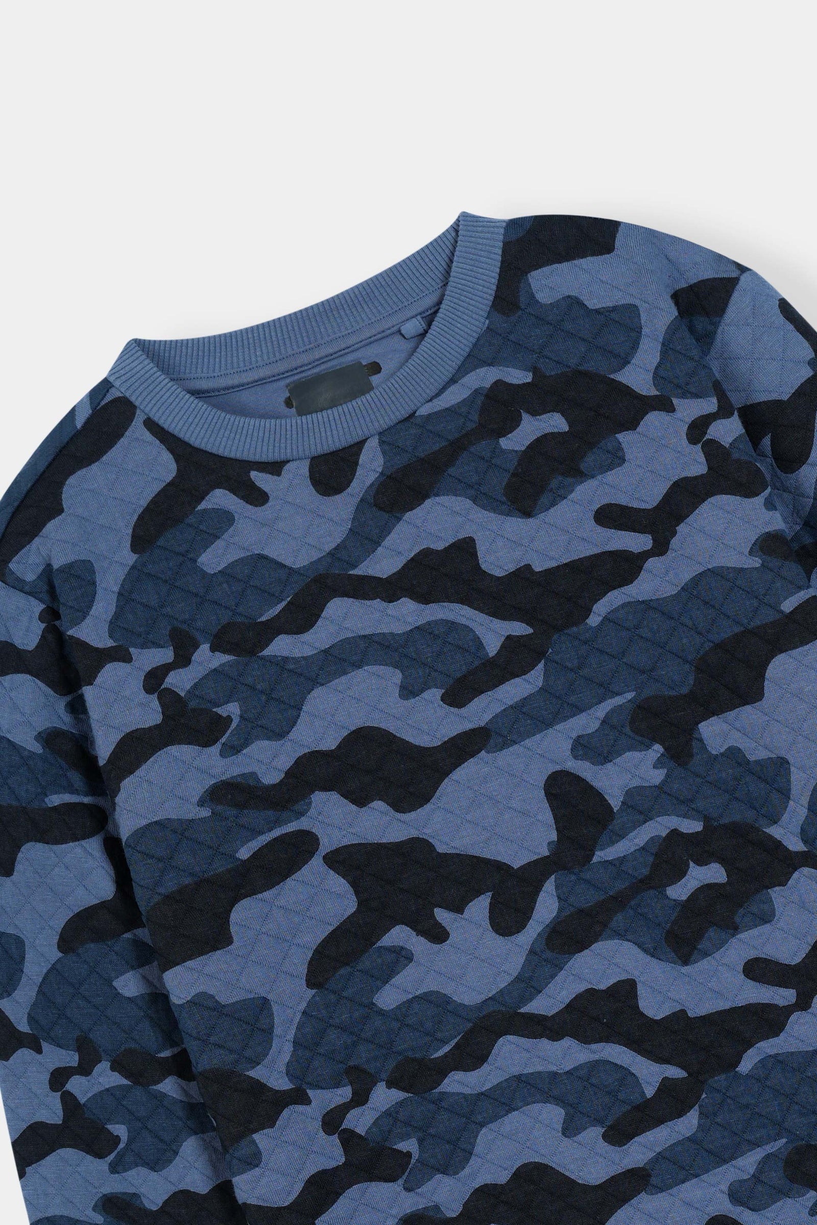 Blue Camo Quilted Crewneck Sweatshirt For Boys