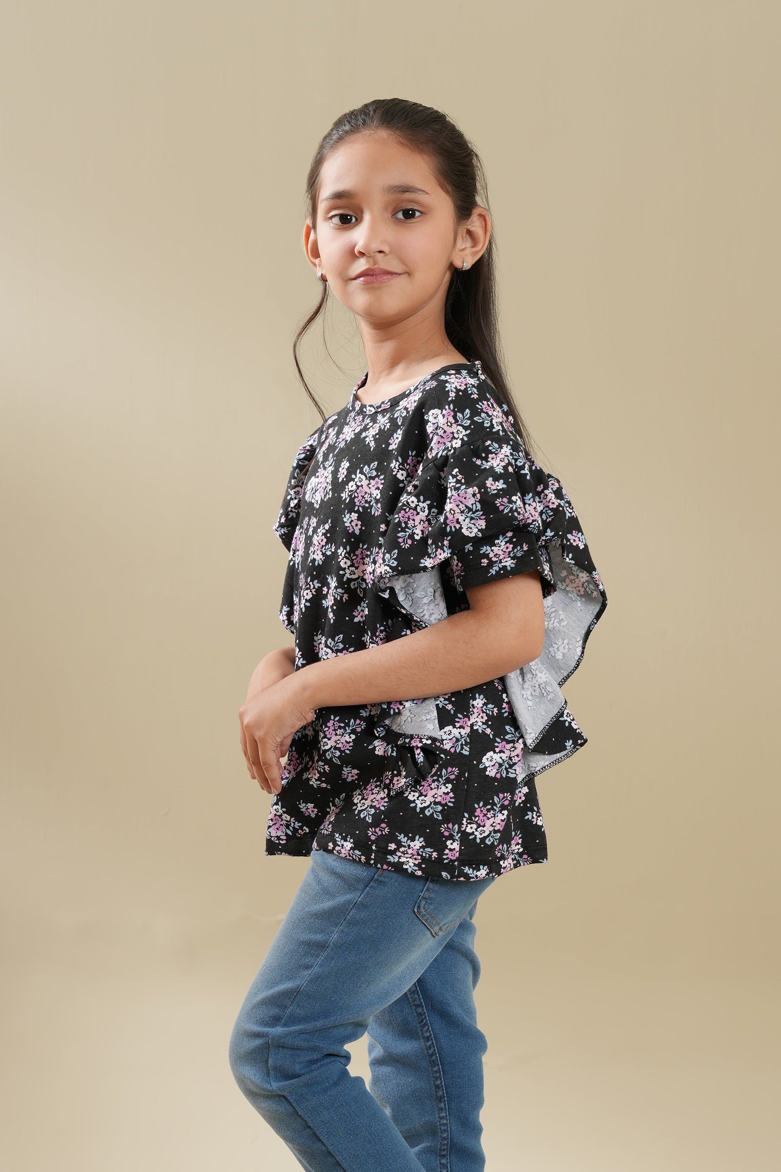 Girls Soft Cotton Allover Print Frill TOP
