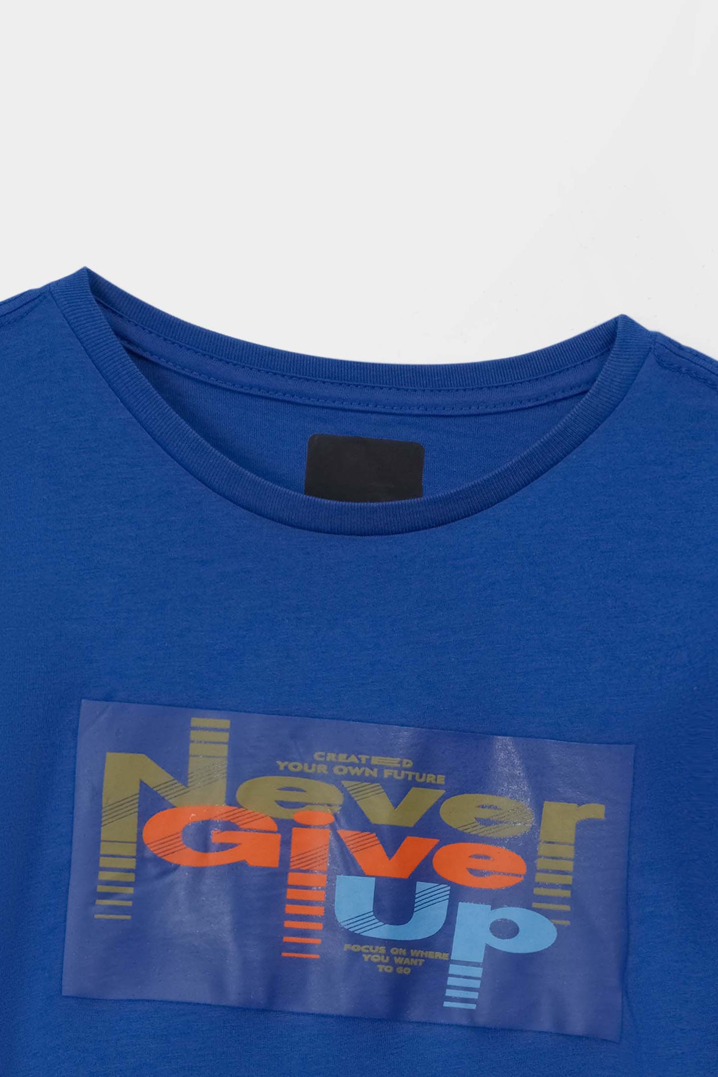 Blue "Never Give Up" Slogan Cotton T-Shirt For Boys