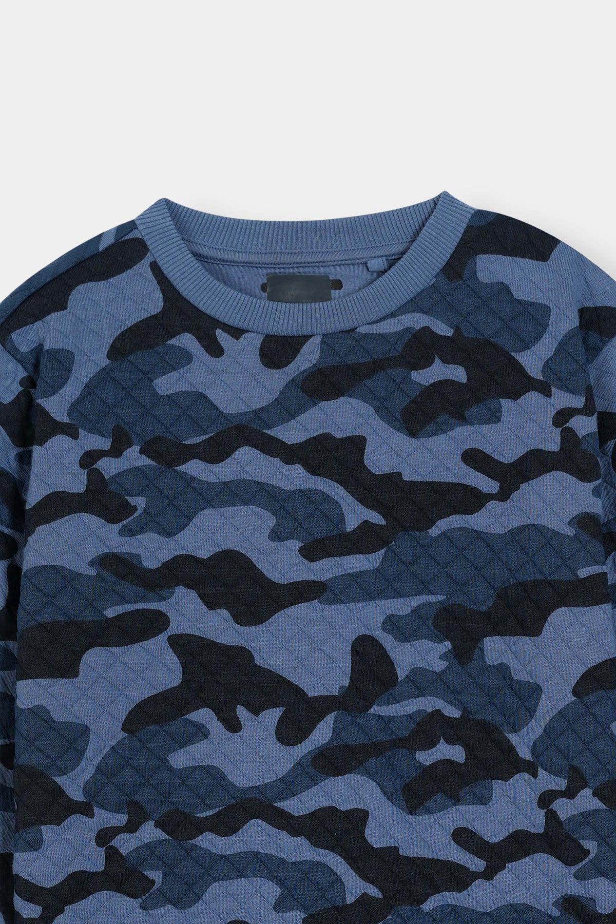 Blue Camo Quilted Crewneck Sweatshirt For Boys