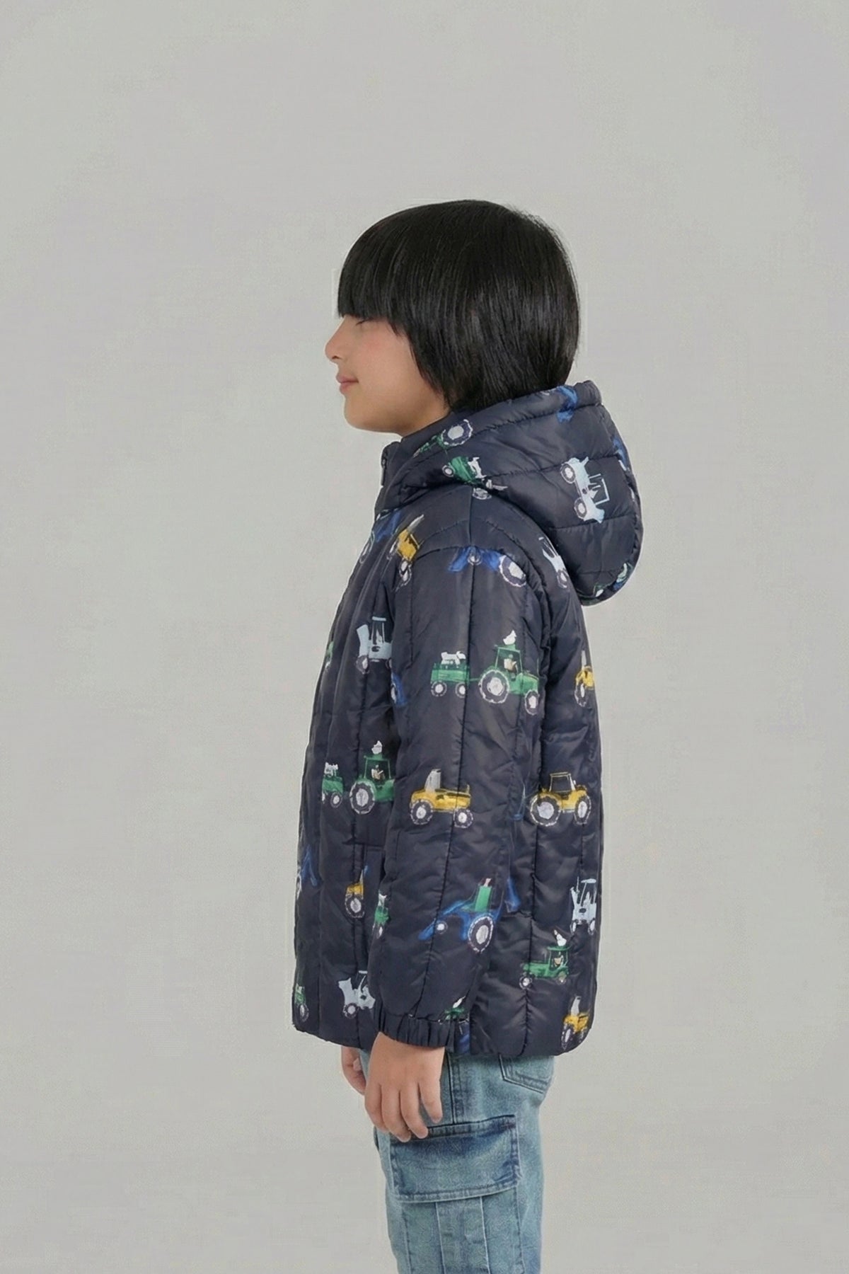 Children’s Quilted Puffer Jacket with Tractor Print and Hood