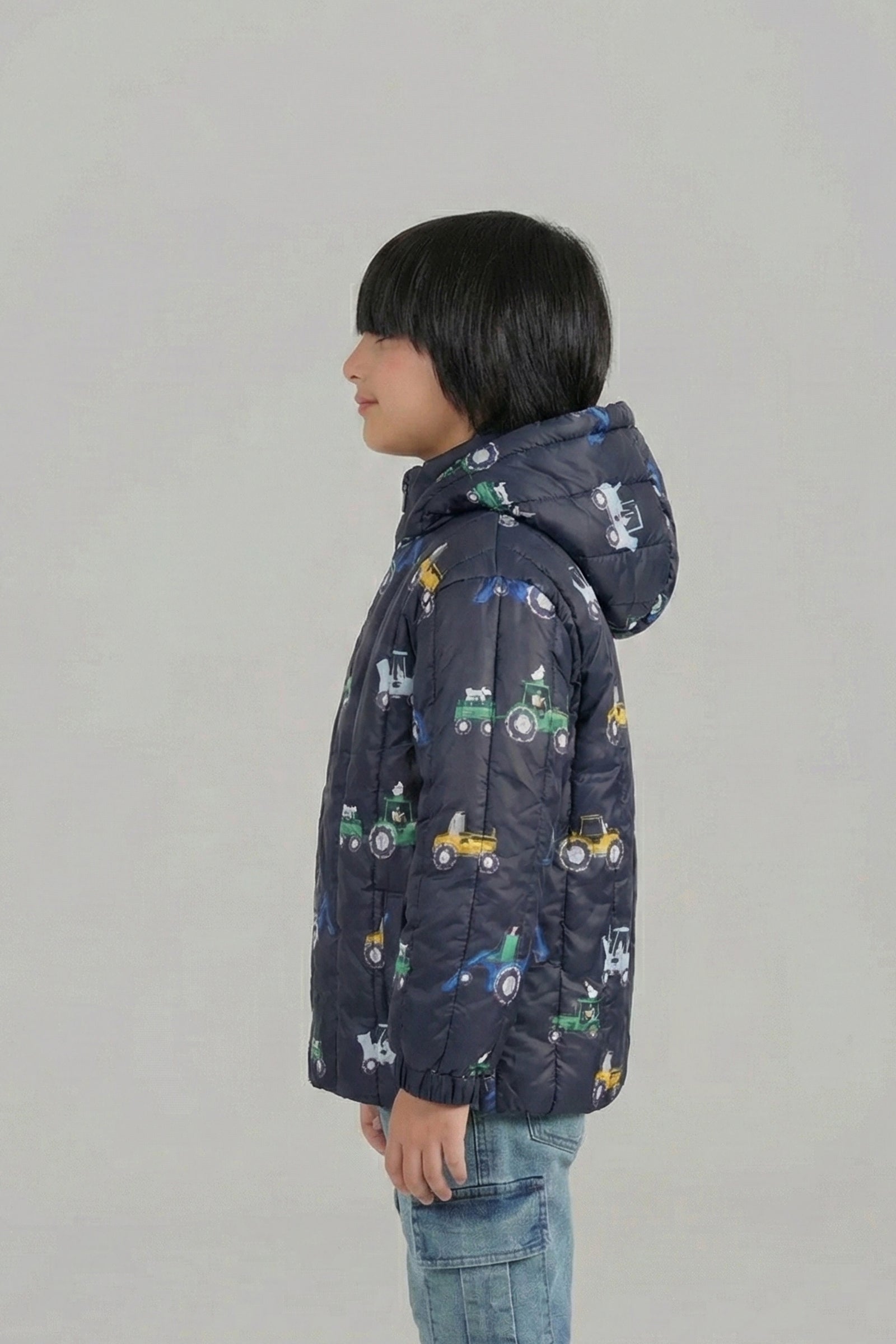 Children’s Quilted Puffer Jacket with Tractor Print and Hood