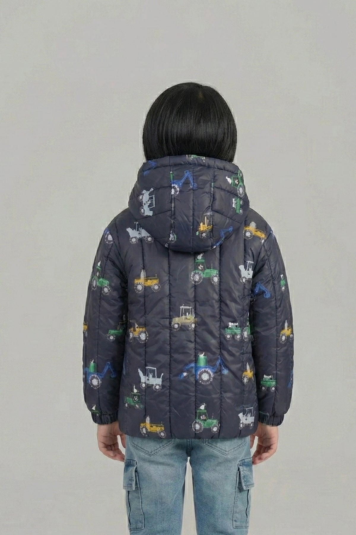 Children’s Quilted Puffer Jacket with Tractor Print and Hood