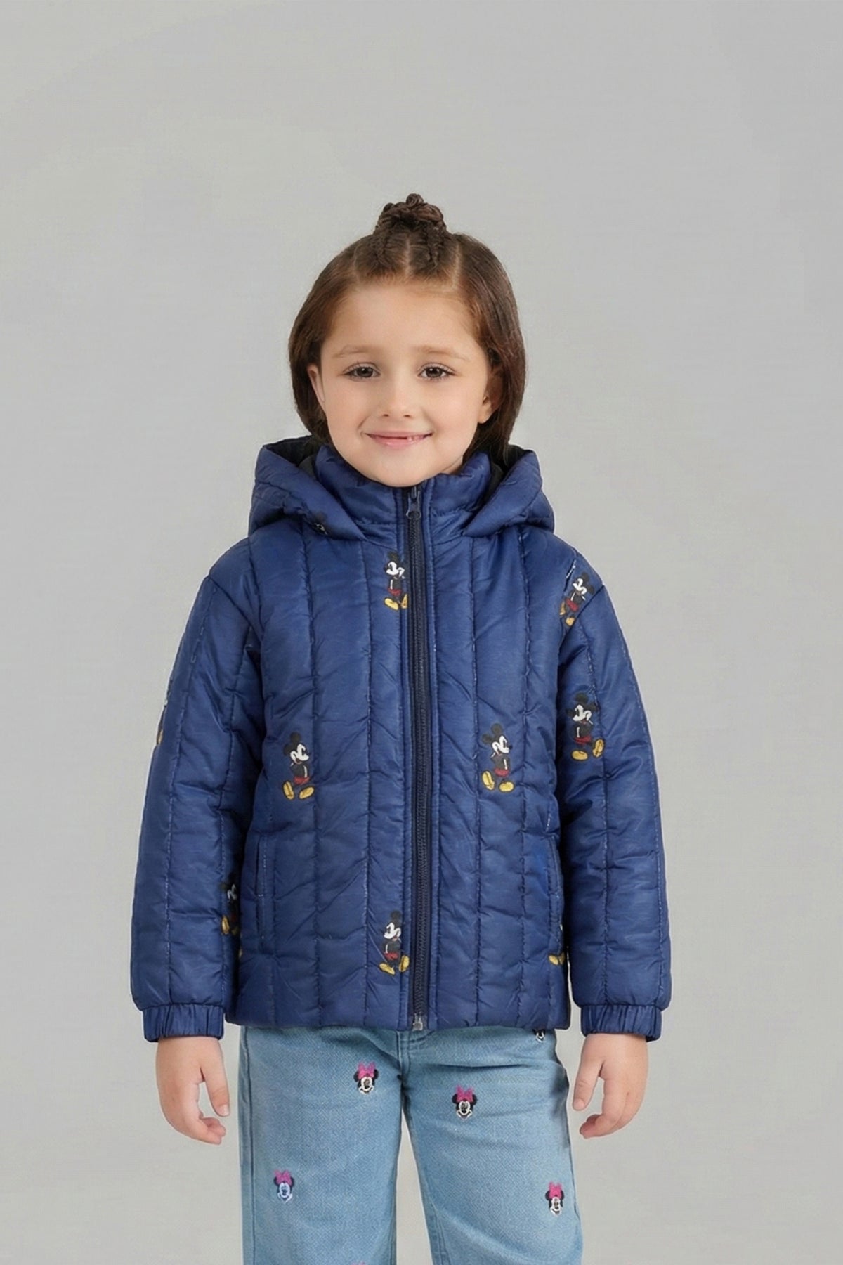 Kids' Navy Blue Quilted Hooded Jacket with Character Print