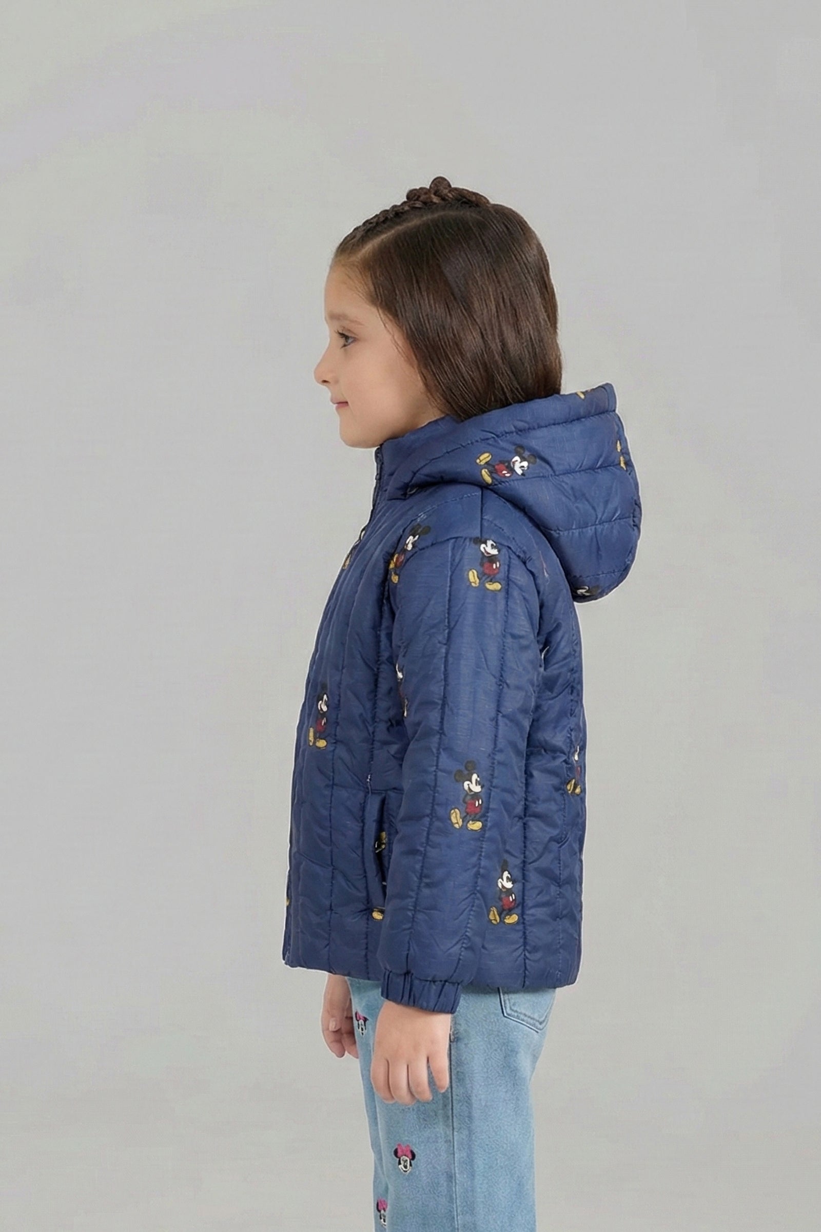 Kids' Navy Blue Quilted Hooded Jacket with Character Print
