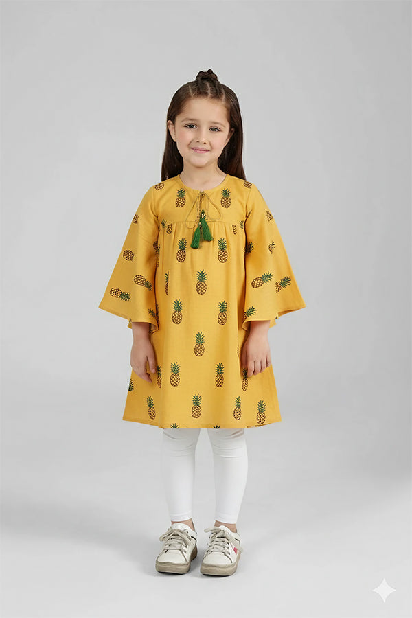 Sunny Pineapple Embroidered Yellow Tunic for Girls